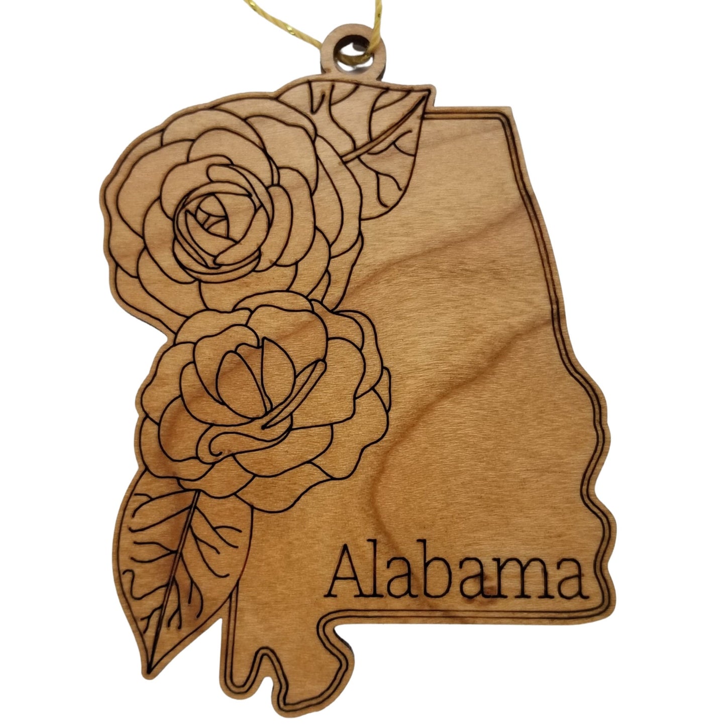 Alabama Wood Ornament - AL State Shape with State Flowers Camellias - Handmade Wood Ornament Made in USA Christmas Decor