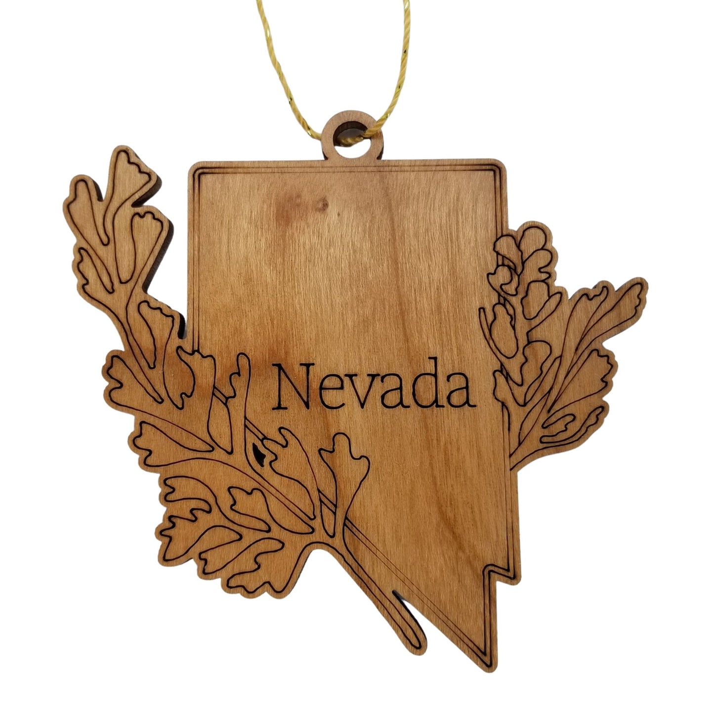 Nevada Wood Ornament - NV State Shape with State Flowers Big Sagebrush - Handmade Wood Ornament Made in USA Christmas Decor