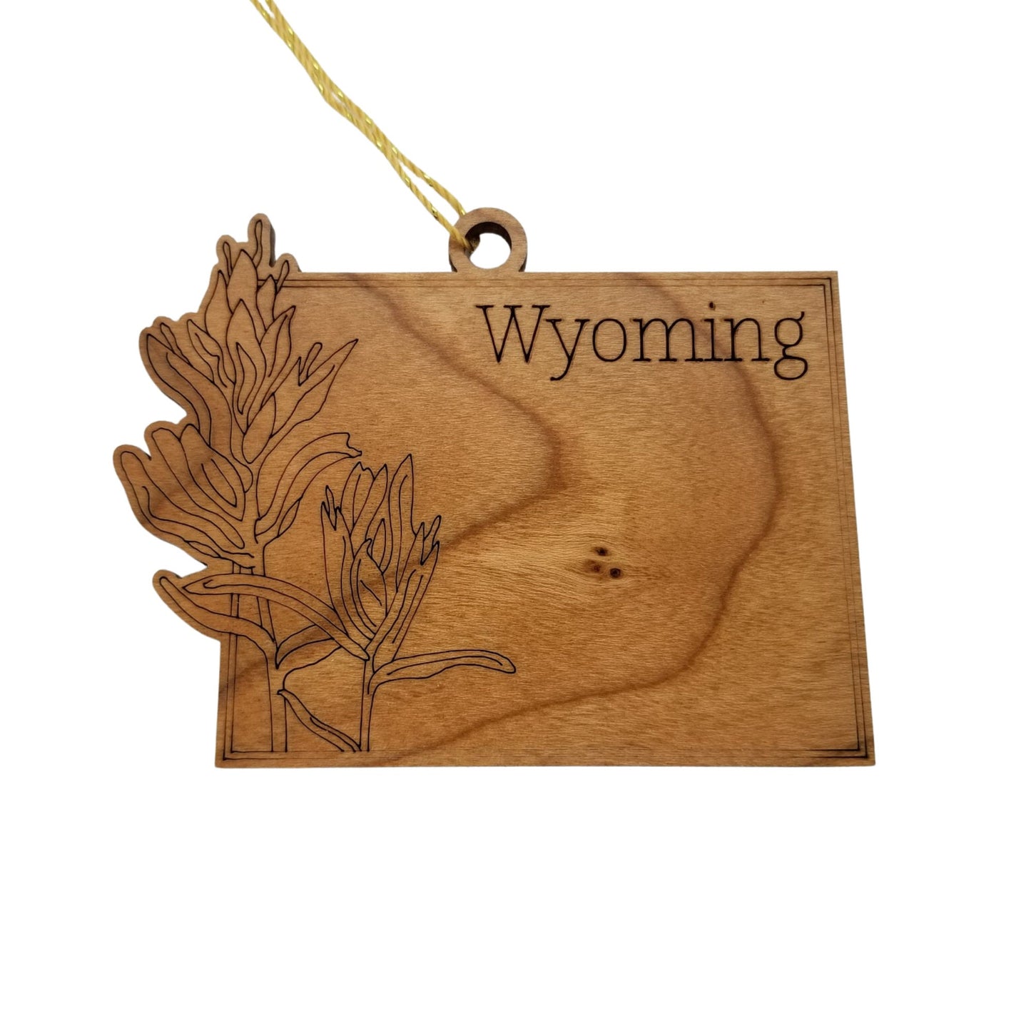 Wyoming Wood Ornament - WY State Shape with State Flowers Indian Paintbrush - Handmade Wood Ornament Made in USA Christmas Decor