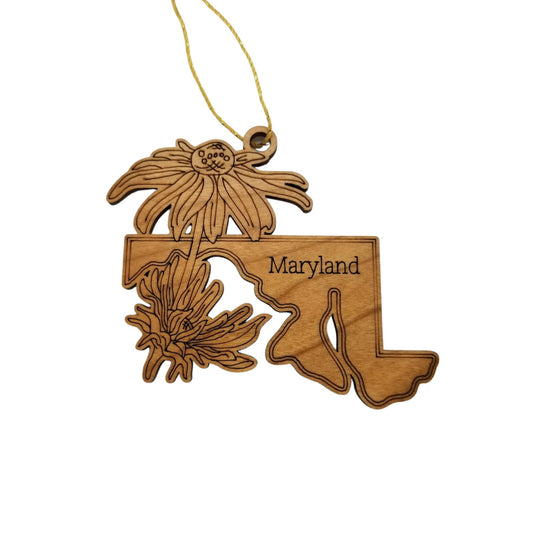Maryland Wood Ornament - MD State Shape with State Flowers Black Eyed Susan - Handmade Wood Ornament Made in USA Christmas Decor