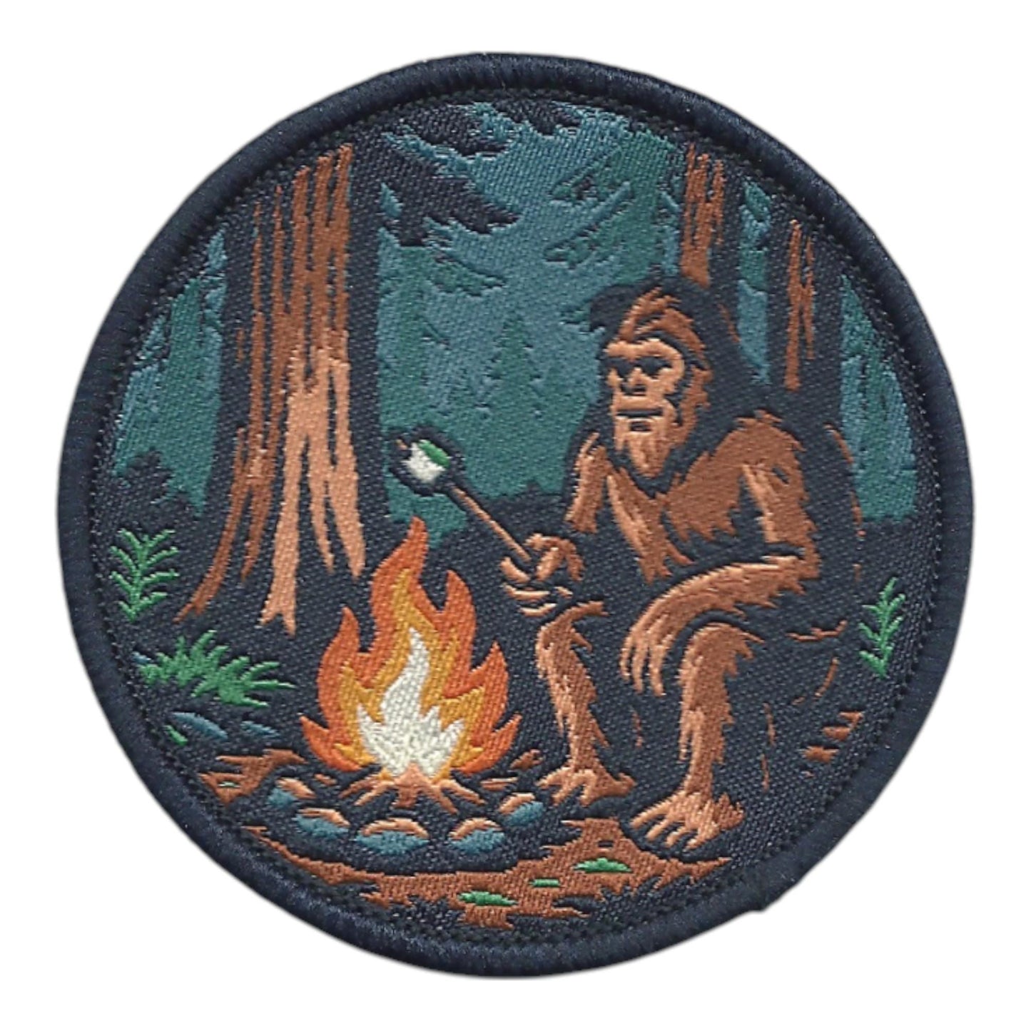 Bigfoot Campfire Roasting Marshmallow in the Woods Patch – Woven Iron On - 10613