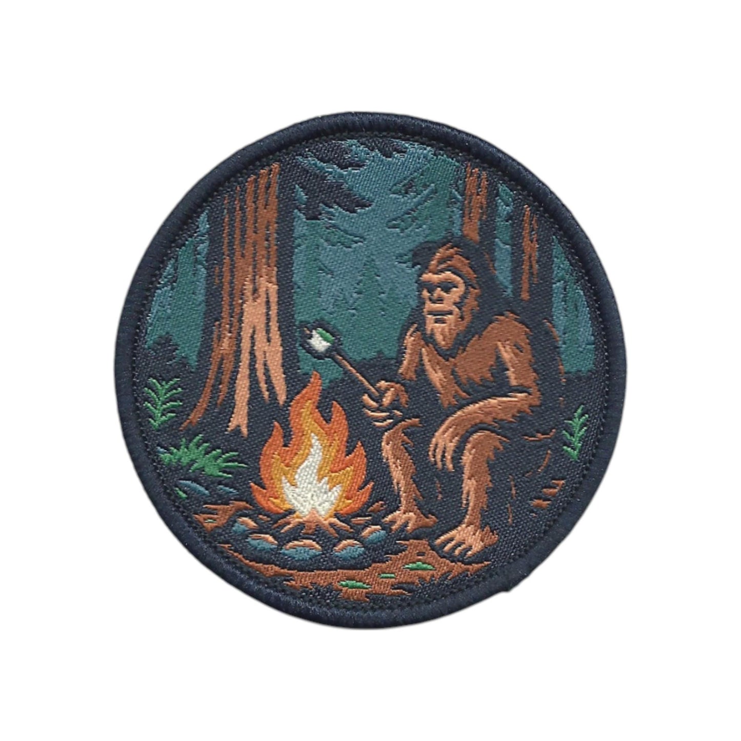 Bigfoot Campfire Roasting Marshmallow in the Woods Patch – Woven Iron On - 10613