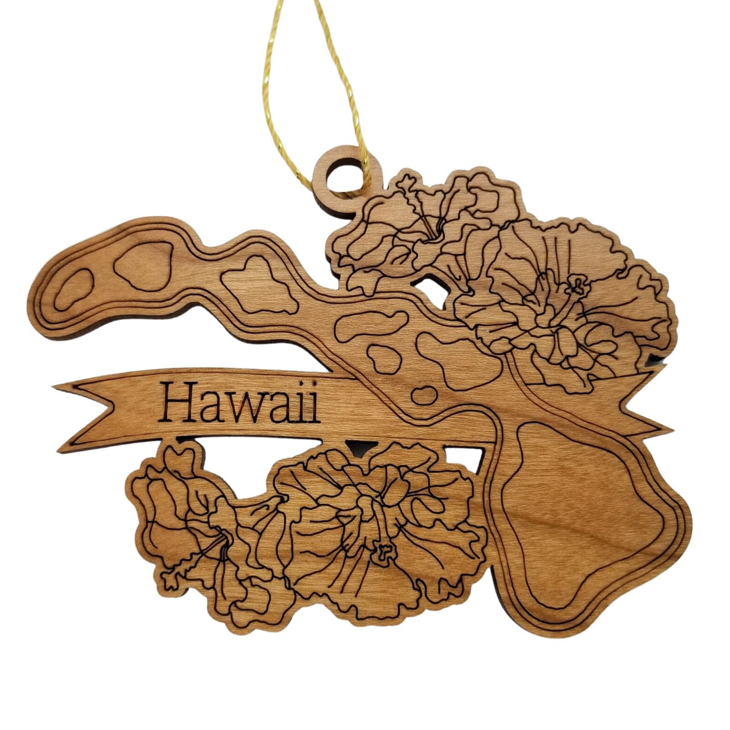 Hawaii Wood Ornament - HI State Shape with State Flowers Hibiscus - Handmade Wood Ornament Made in USA Christmas Decor