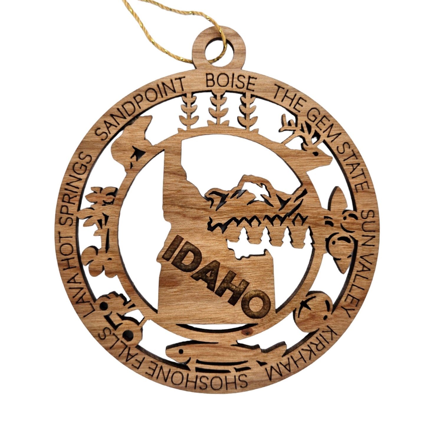 Idaho Wood Ornament - ID Souvenir - Handmade Wood Ornament Made in USA State Shape Wheat Bear Potato Plant Tractor Trout