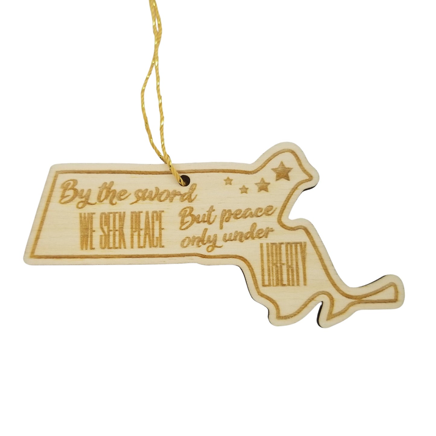 Massachusetts Wood Ornament - MA State Shape with State Motto - Handmade Wood Ornament Made in USA Christmas Decor
