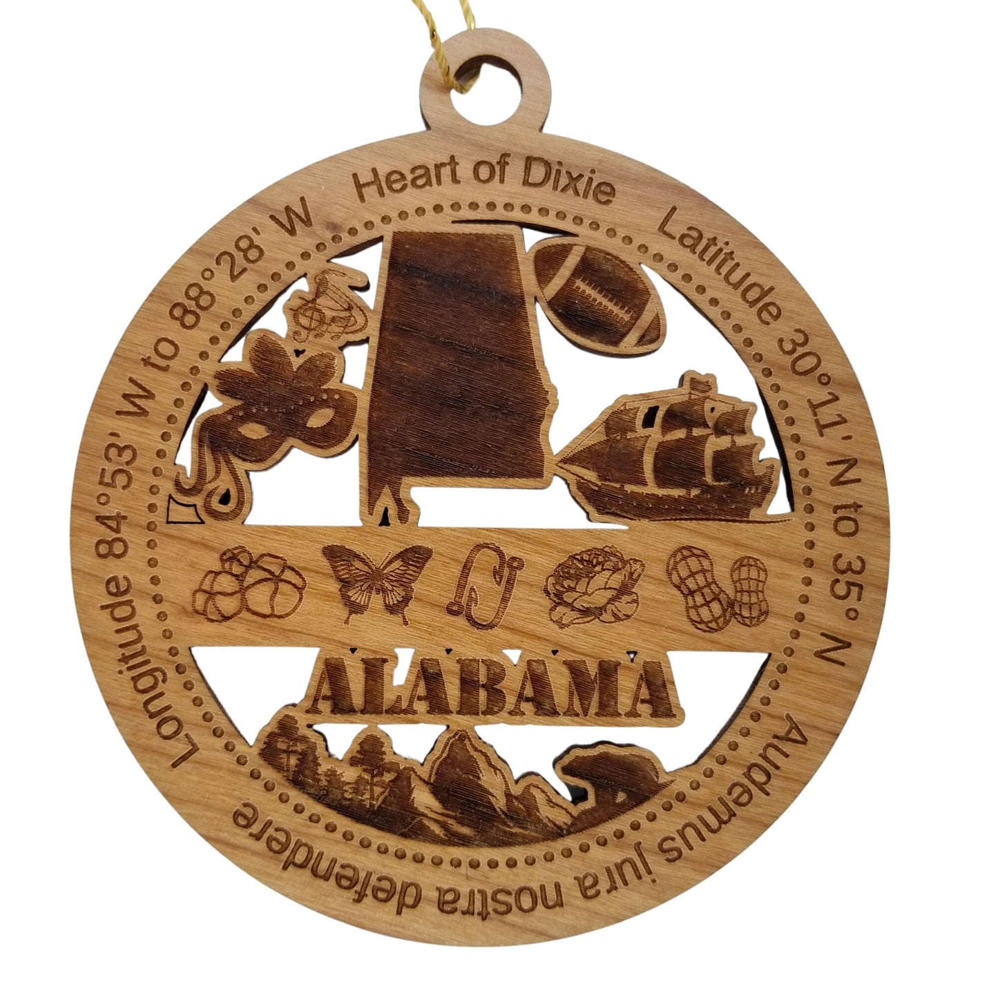 Alabama Wood Ornament - AL Souvenir - Handmade Wood Ornament Made in USA State Shape Mardi Gras Mask Football Peanuts Music