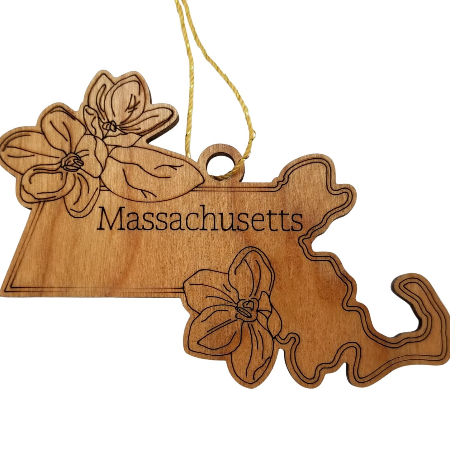 Massachusetts Wood Ornament - MA State Shape with State Flowers The Mayflower - Handmade Wood Ornament Made in USA Christmas Decor