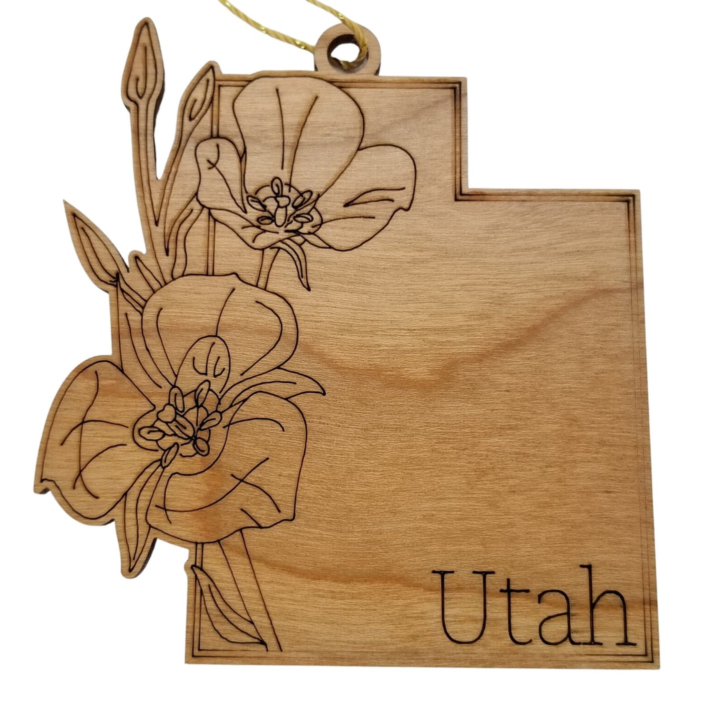 Utah Wood Ornament - UT State Shape with State Flowers Sego Lily - Handmade Wood Ornament Made in USA Christmas Decor - 15551
