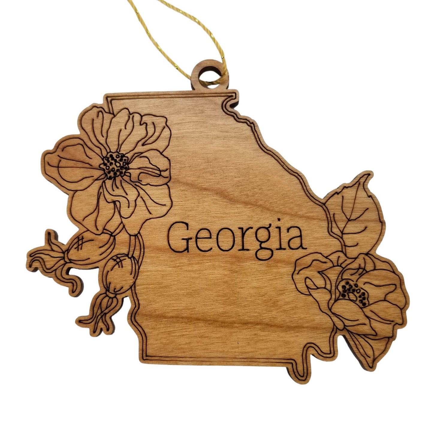 Georgia Wood Ornament - GA State Shape with State Flowers Cherokee Rose - Handmade Wood Ornament Made in USA Christmas Decor