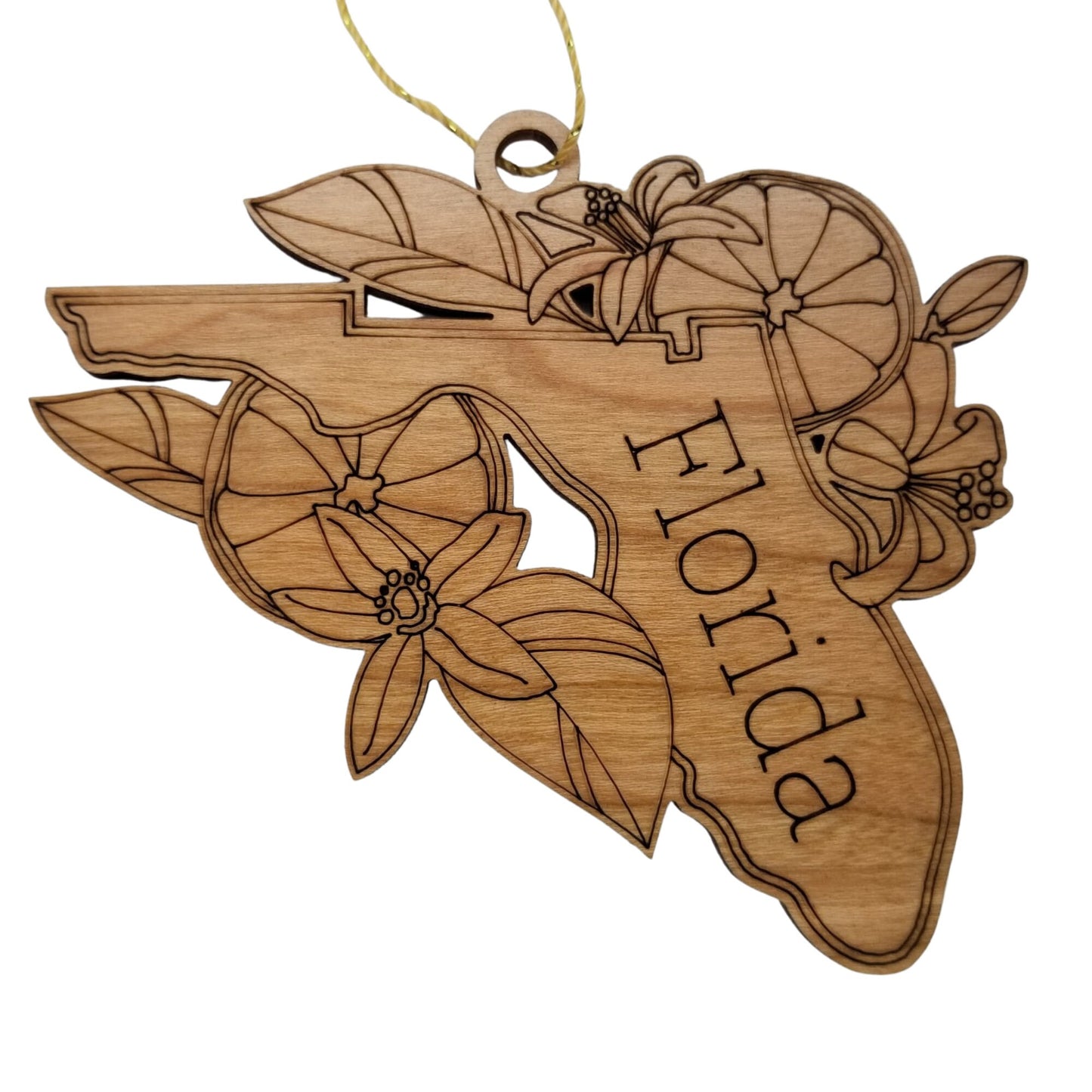 Florida Wood Ornament - FL State Shape with State Flowers Orange Blossoms - Handmade Wood Ornament Made in USA Christmas Decor