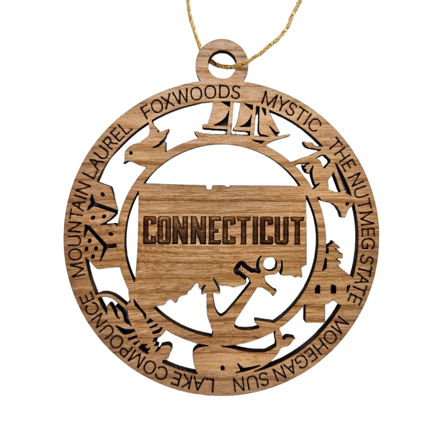 Connecticut Wood Ornament - CT Souvenir - Handmade Wood Ornament Made in USA State Shape The Nutmeg State Dice Lobster Whale Anchor