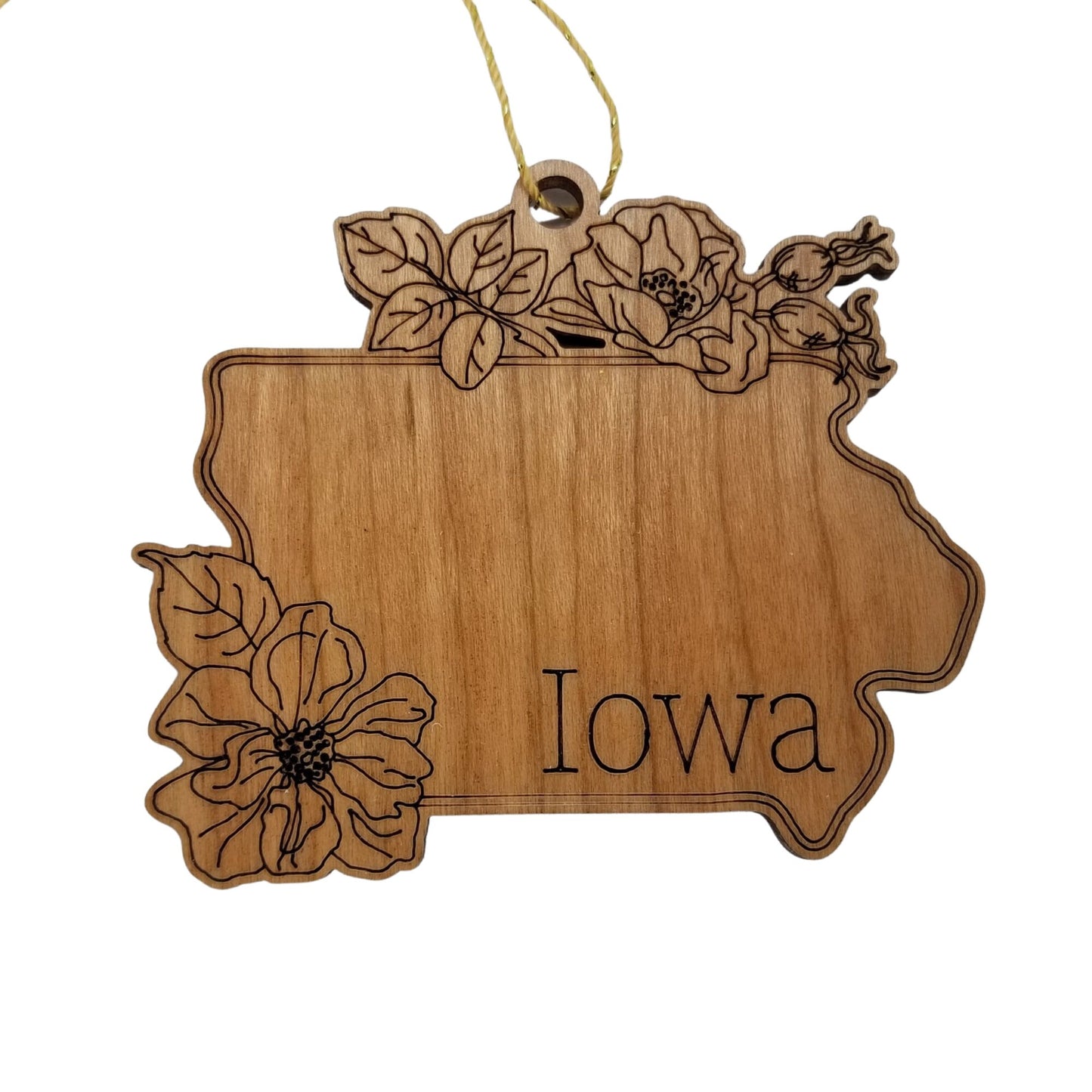 Iowa Wood Ornament - IA State Shape with State Flowers Prairie Rose - Handmade Wood Ornament Made in USA Christmas Decor