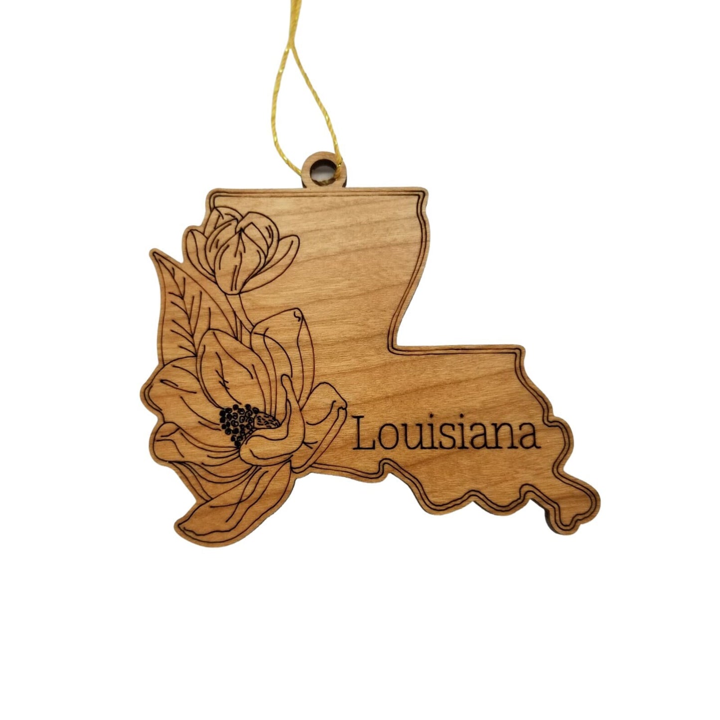 Louisiana Wood Ornament - LA State Shape with State Flowers Magnolia Blossoms - Handmade in USA - 15558