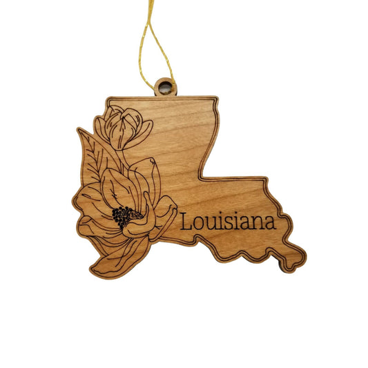 Louisiana Wood Ornament - LA State Shape with State Flowers Magnolia Blossoms - Handmade in USA - 15558