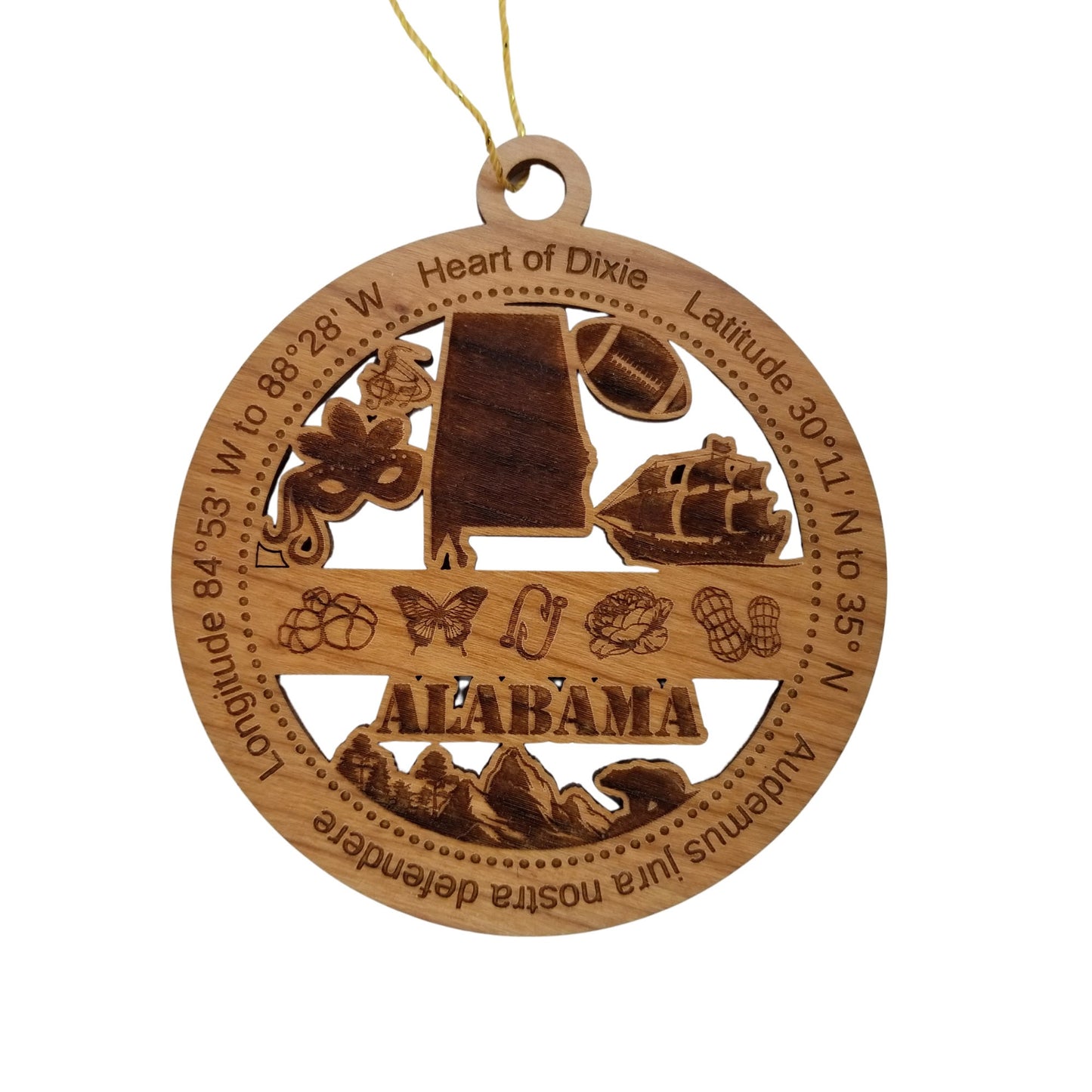 Alabama Wood Ornament - AL Souvenir - Handmade Wood Ornament Made in USA State Shape Mardi Gras Mask Football Peanuts Music