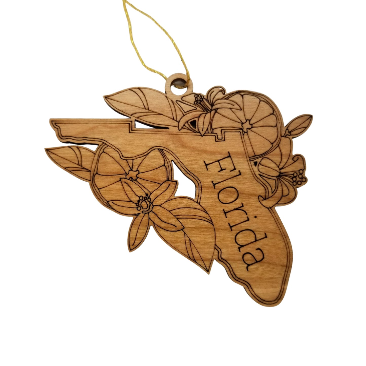 Florida Wood Ornament - FL State Shape with State Flowers Orange Blossoms - Handmade Wood Ornament Made in USA Christmas Decor