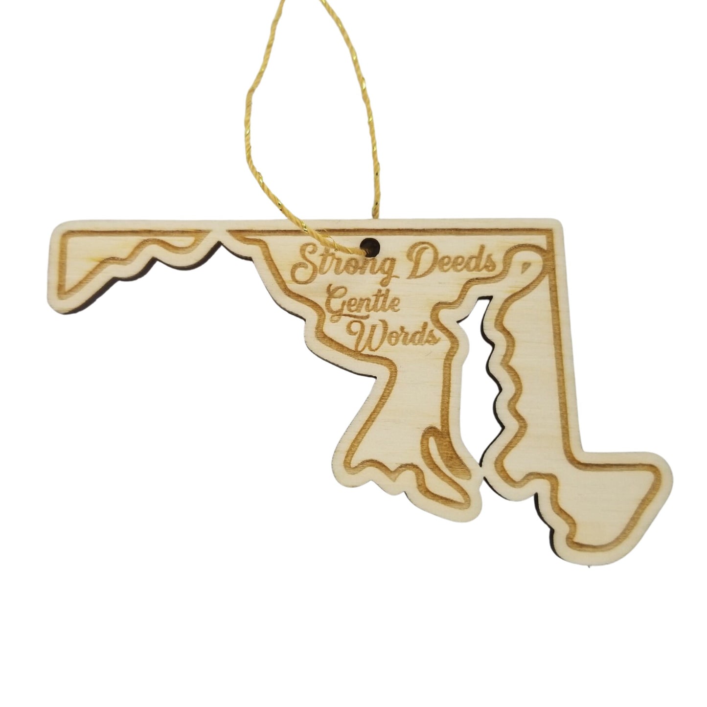 Maryland Wood Ornament - MD State Shape with State Motto - Handmade Wood Ornament Made in USA Christmas Decor