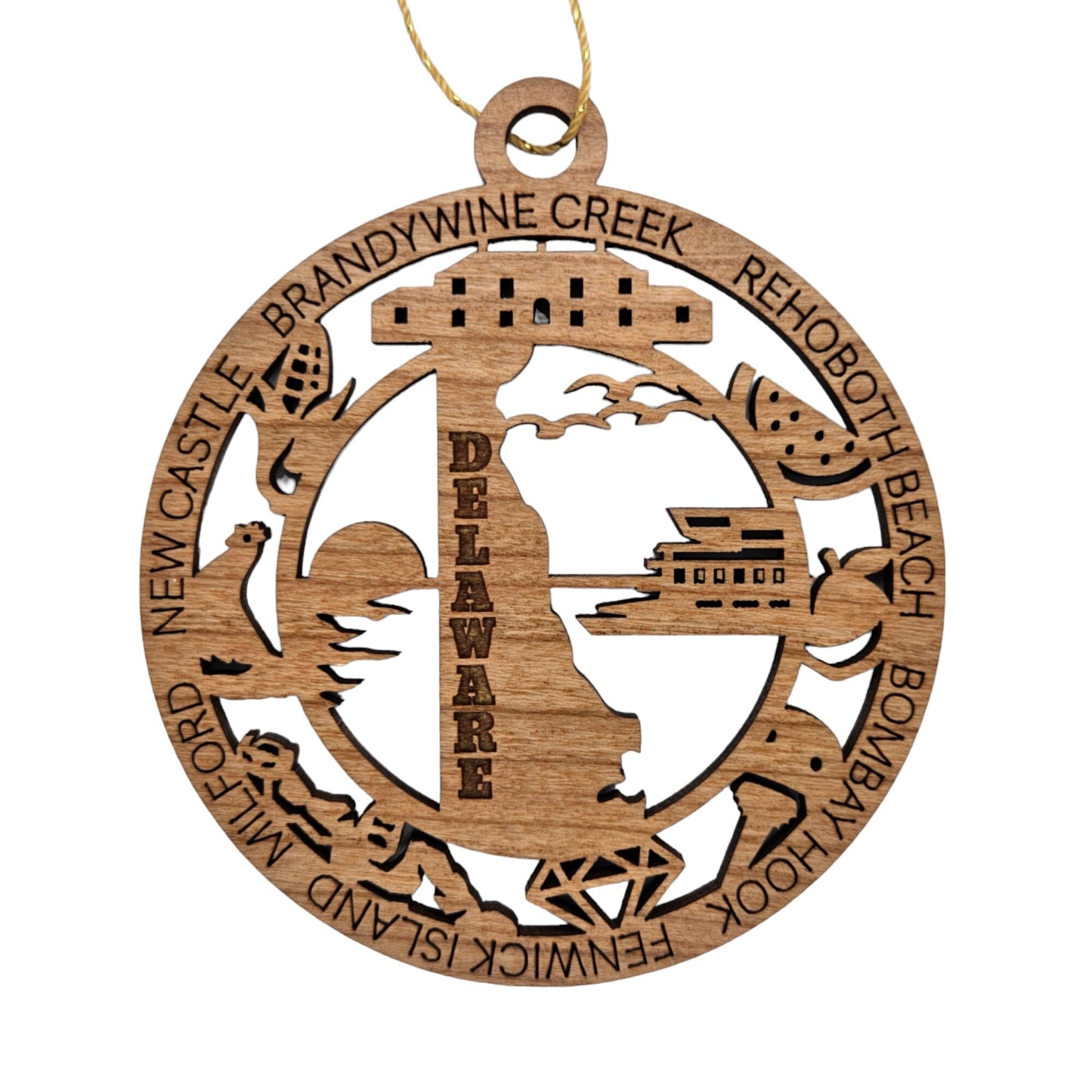 Delaware Wood Ornament - DE Souvenir - Handmade Wood Ornament Made in USA State Shape Brandywine Creek Diamond Corn Bombay Hook