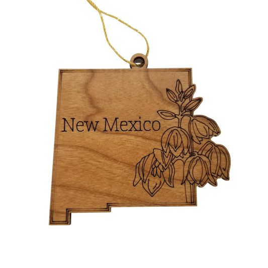 New Mexico Wood Ornament - NM State Shape with State Flowers Yucca Flower - Handmade in USA - 15540