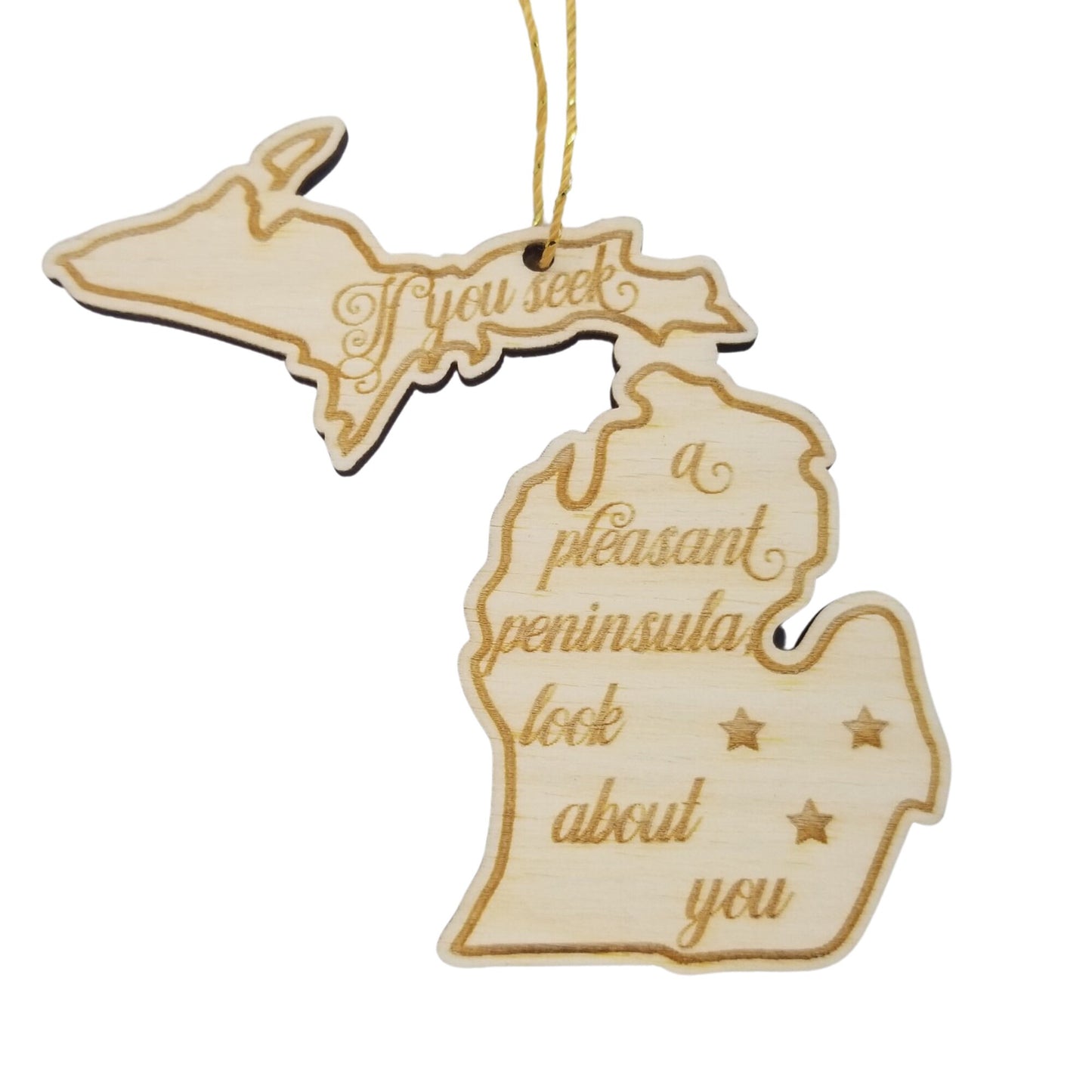 Michigan Wood Ornament - MI State Shape with State Motto - Handmade Wood Ornament Made in USA Christmas Decor