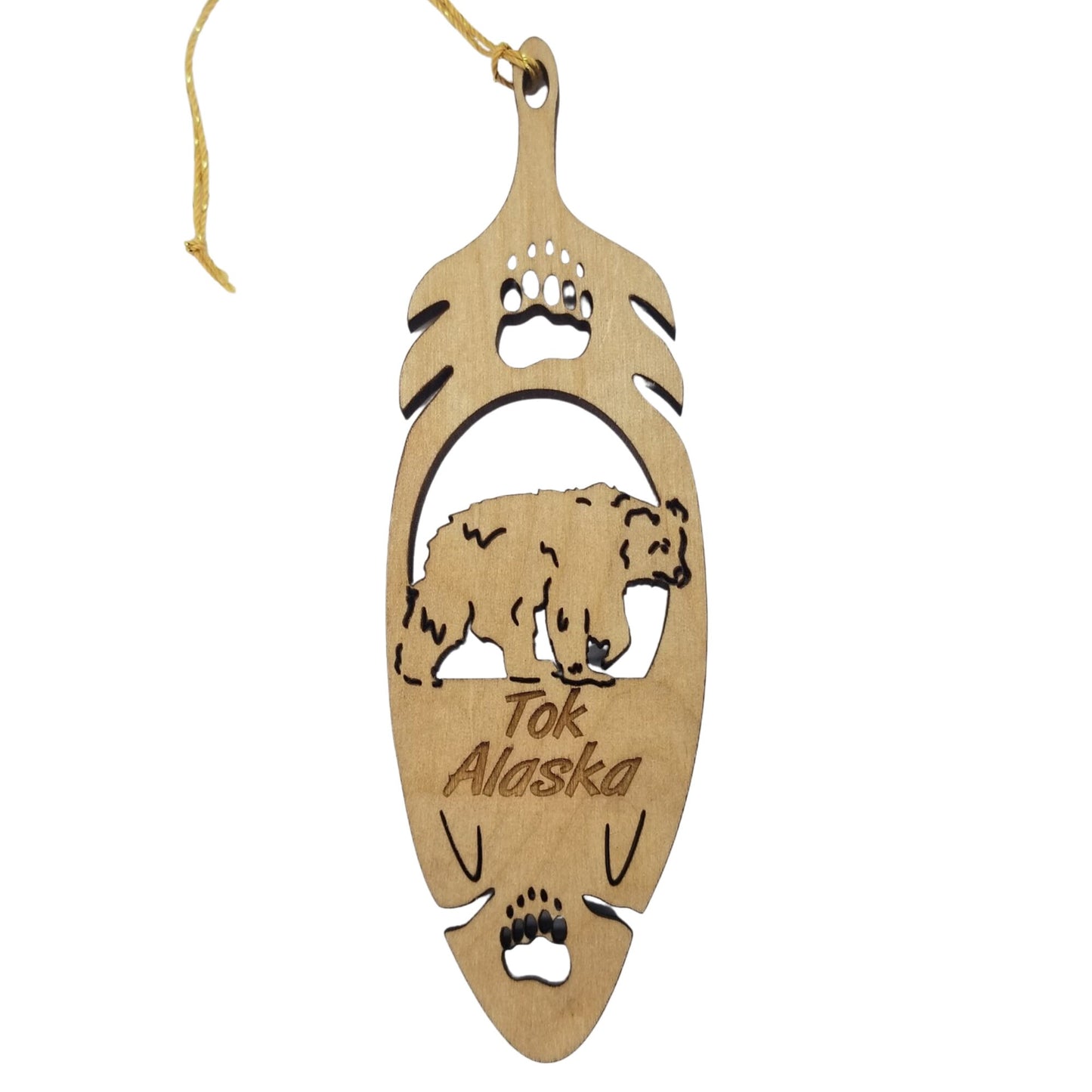 Tok Alaska Bear Christmas Ornament Wood Laser Cut Handmade in USA Souvenir Memento Feather 5.375" Travel Gift Leaf