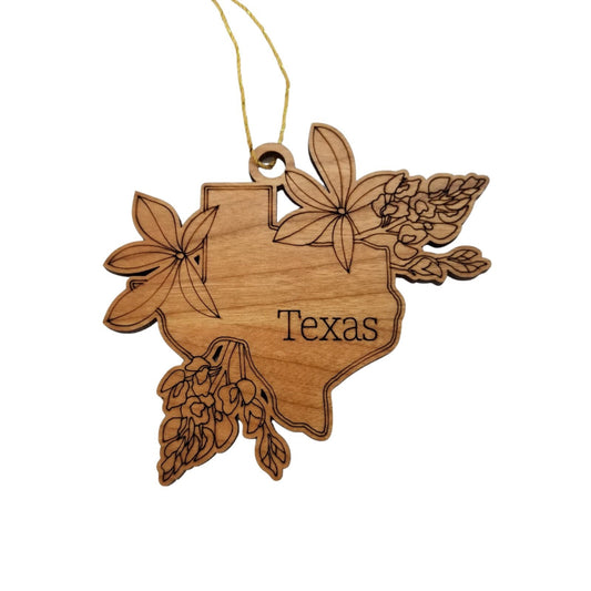Texas Wood Ornament - TX State Shape with State Flowers Bluebonnets - Handmade Wood Ornament Made in USA Christmas Decor