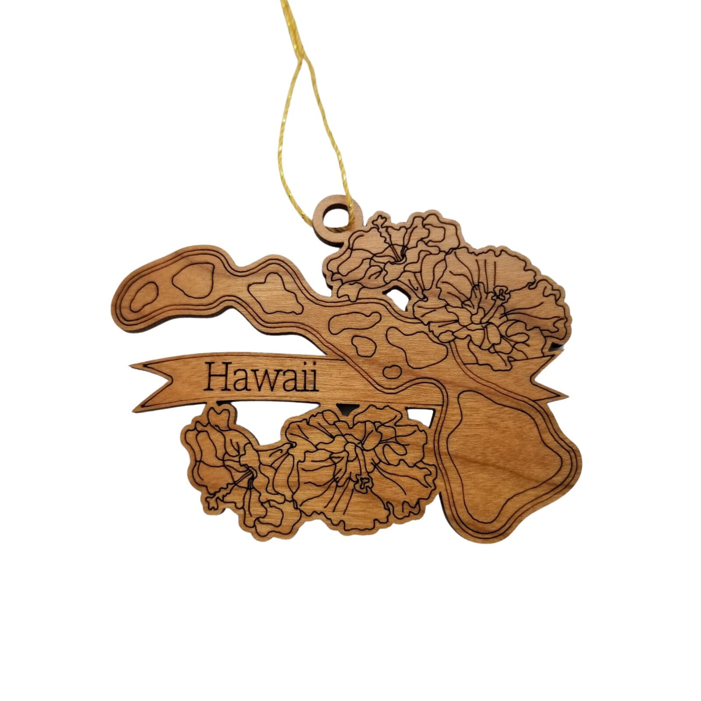 Hawaii Wood Ornament - HI State Shape with State Flowers Hibiscus - Handmade Wood Ornament Made in USA Christmas Decor