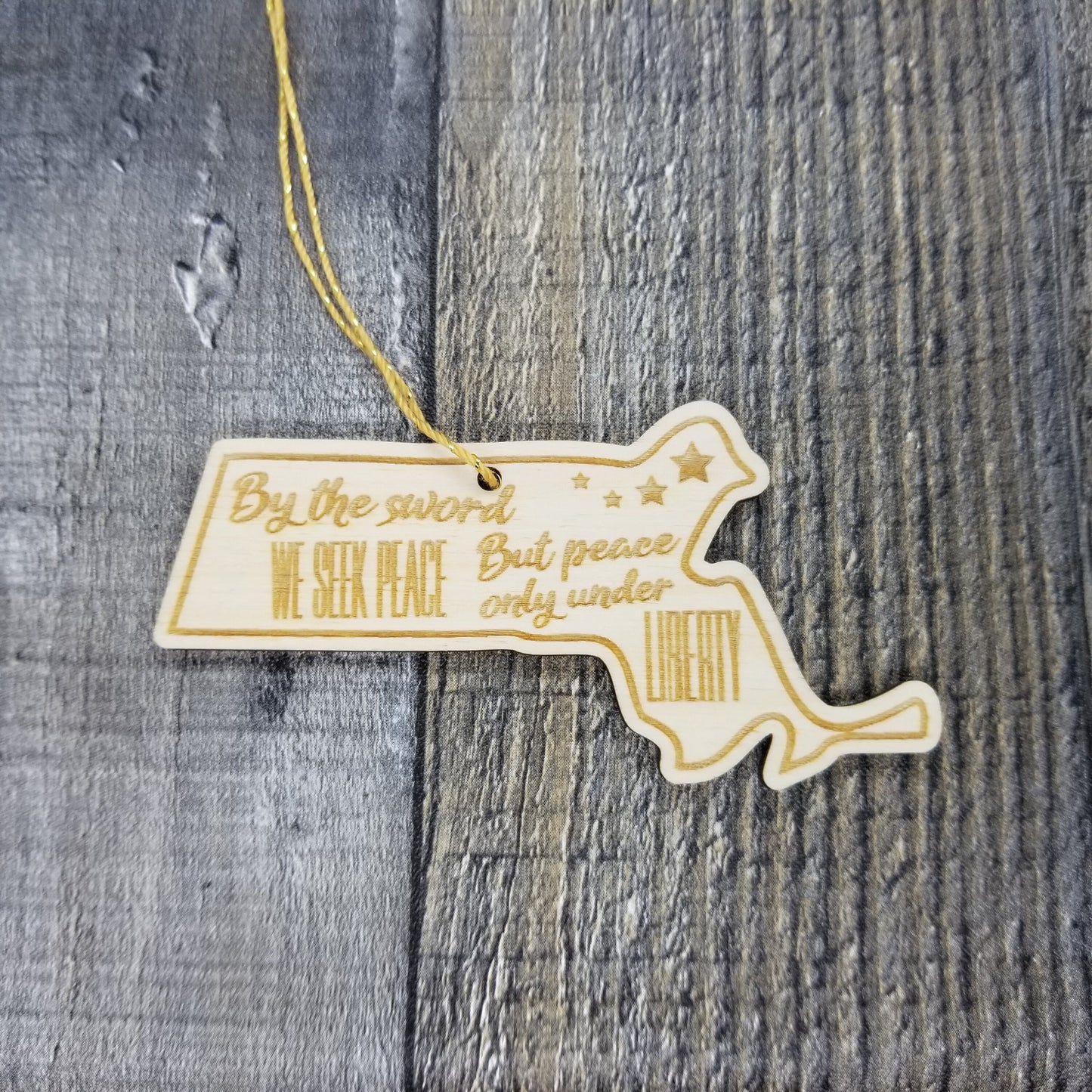Massachusetts Wood Ornament - MA State Shape with State Motto - Handmade Wood Ornament Made in USA Christmas Decor