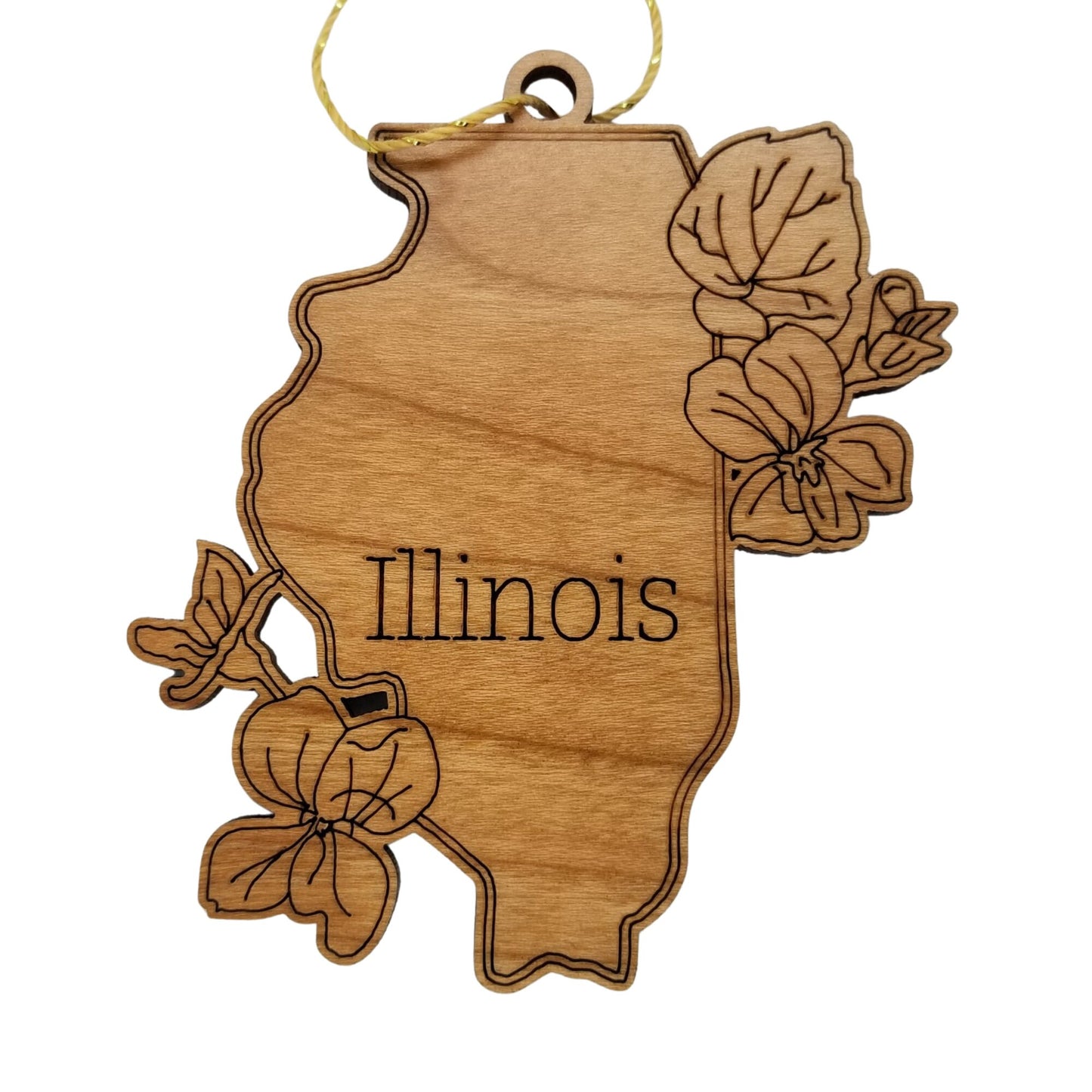 Illinois Wood Ornament - IL State Shape with State Flowers Common Blue Violets - Handmade Wood Ornament Made in USA Christmas Decor