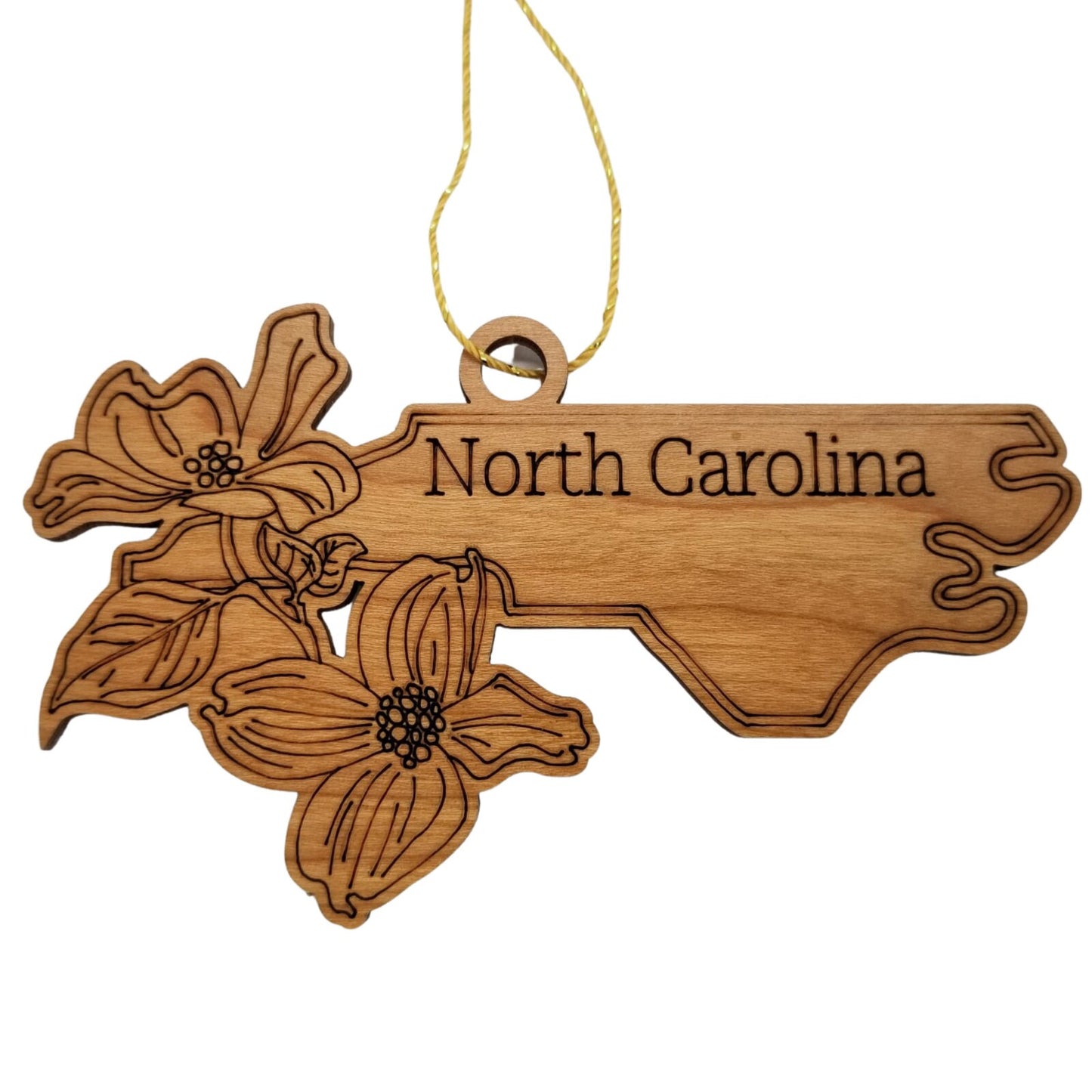 North Carolina Wood Ornament - State Shape with State Flowers Flowering Dogwoods NC - Handmade Wood Ornament Made in USA Christmas Decor