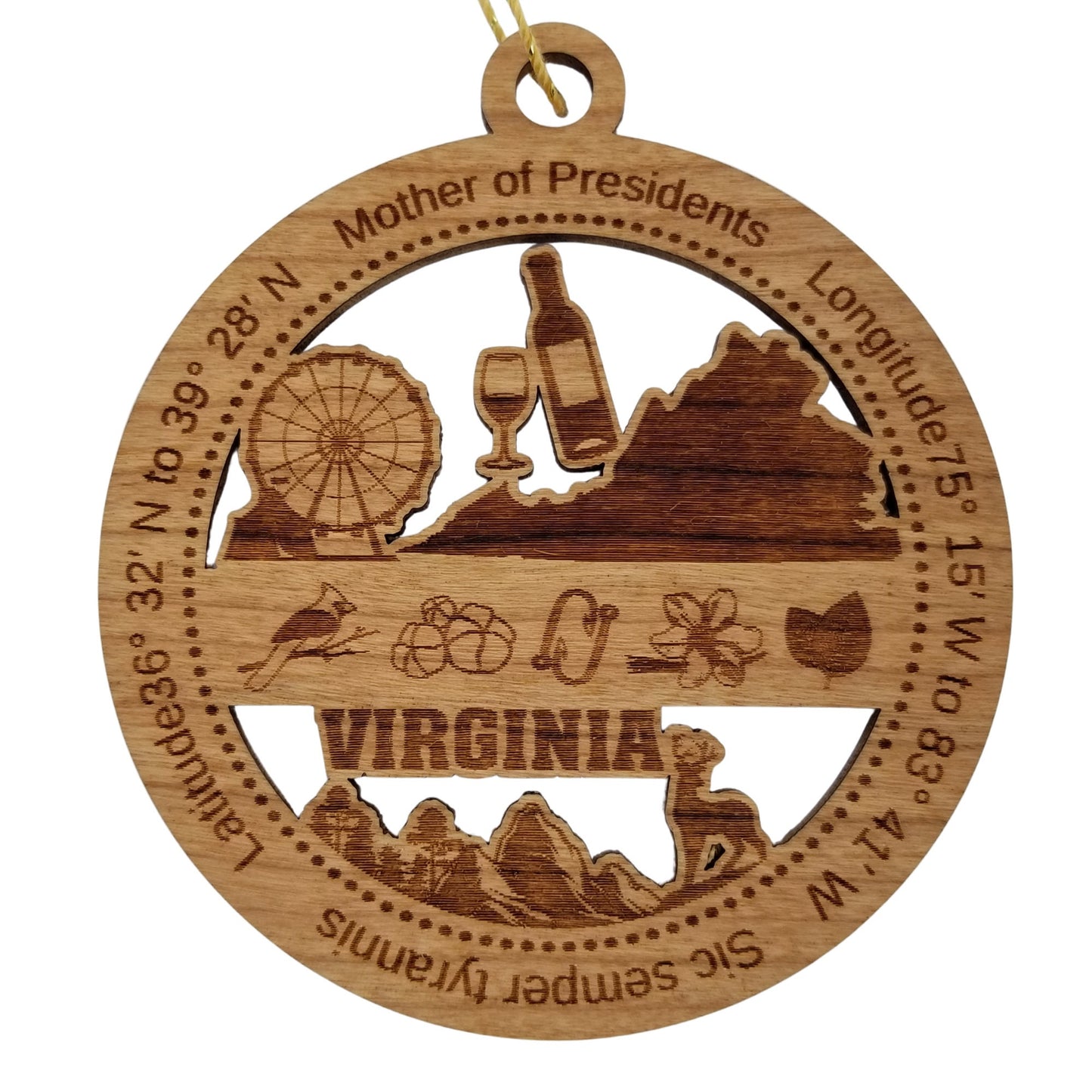 Virginia Wood Ornament - VA Souvenir - Handmade Wood Ornament Made in USA State Shape Cardinal Fish Hooks Wine Ferris Wheel Mountains Trees