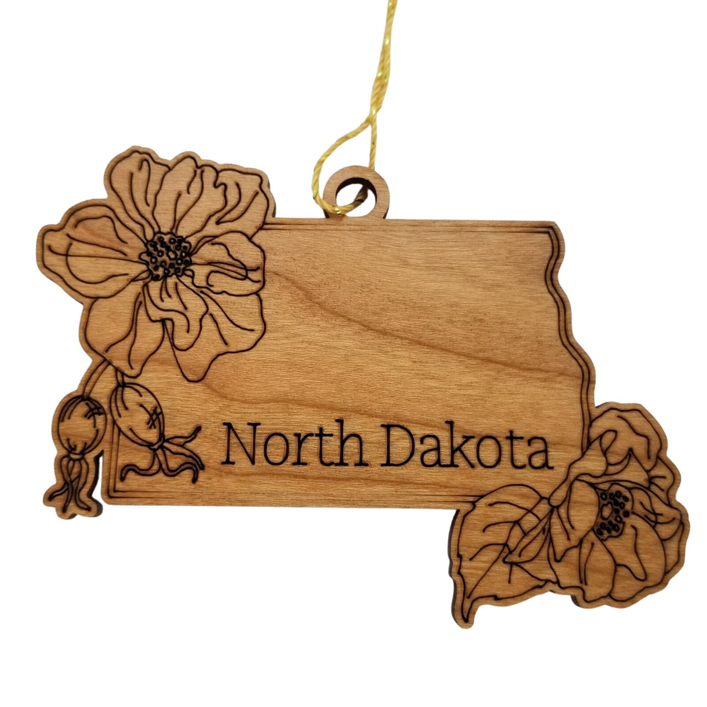 North Dakota Wood Ornament - State Shape with State Flowers Prairie Rose ND - Handmade Wood Ornament Made in USA Christmas Decor