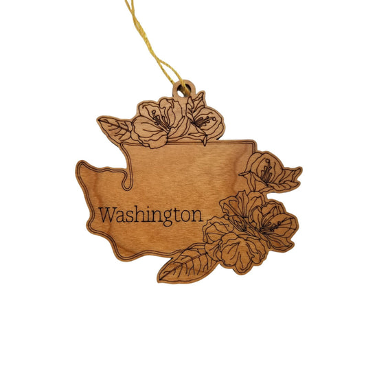 Washington Wood Ornament - WA State Shape with State Flowers Rhododendron - Handmade Wood Ornament Made in USA Christmas Decor