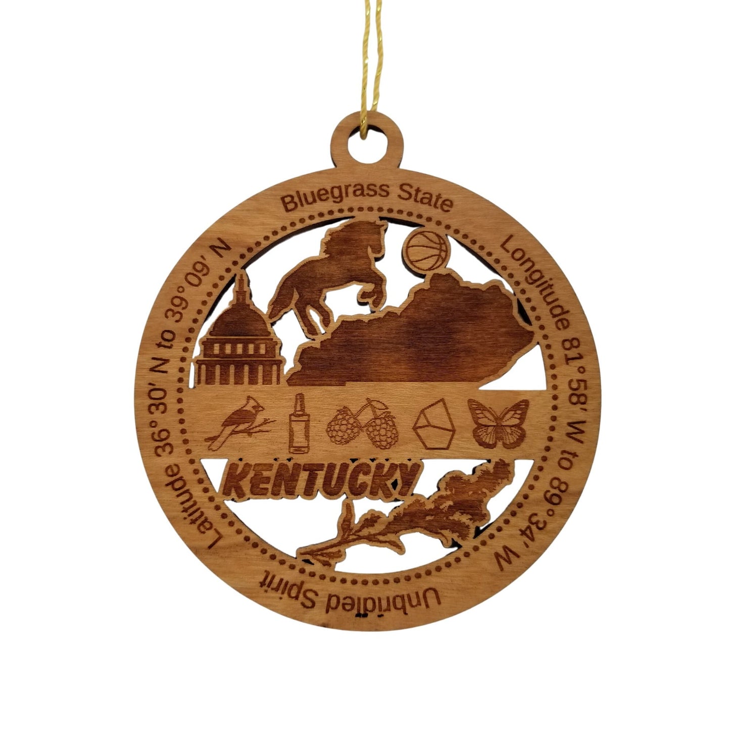 Kentucky Wood Ornament - KY Souvenir - Handmade Wood Ornament Made in USA State Shape Horse Basketball Capitol Butterfly Cardinal