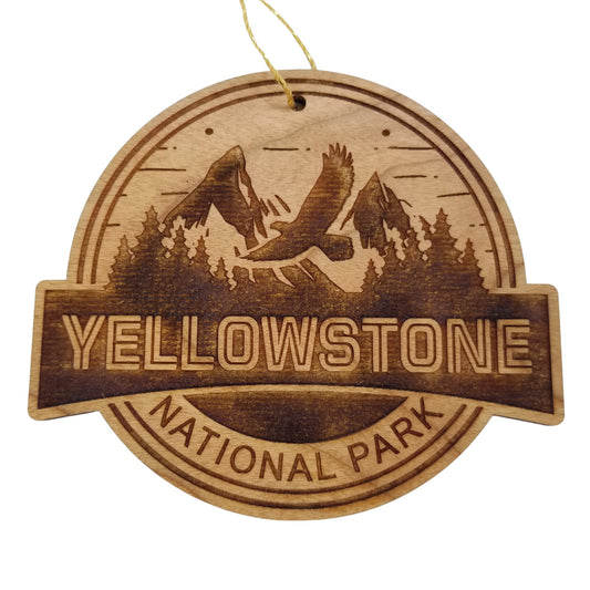 Yellowstone National Park Ornament Eagle Flying Mountains Trees Handmade Wood Souvenir Made in USA Travel Gift 3 Inch Christmas