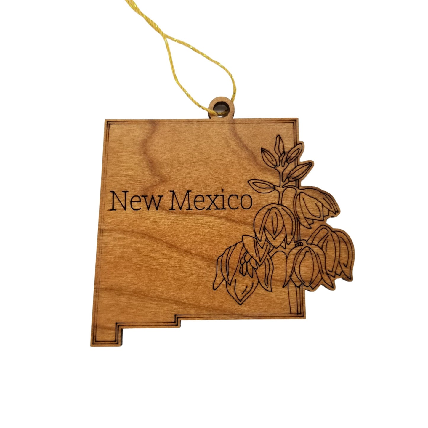 New Mexico Wood Ornament - NM State Shape with State Flowers Yucca Flower - Handmade in USA - 15540