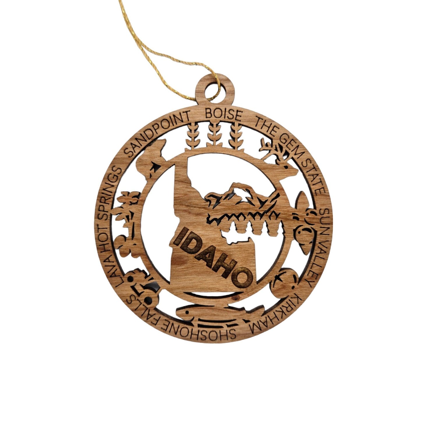 Idaho Wood Ornament - ID Souvenir - Handmade Wood Ornament Made in USA State Shape Wheat Bear Potato Plant Tractor Trout
