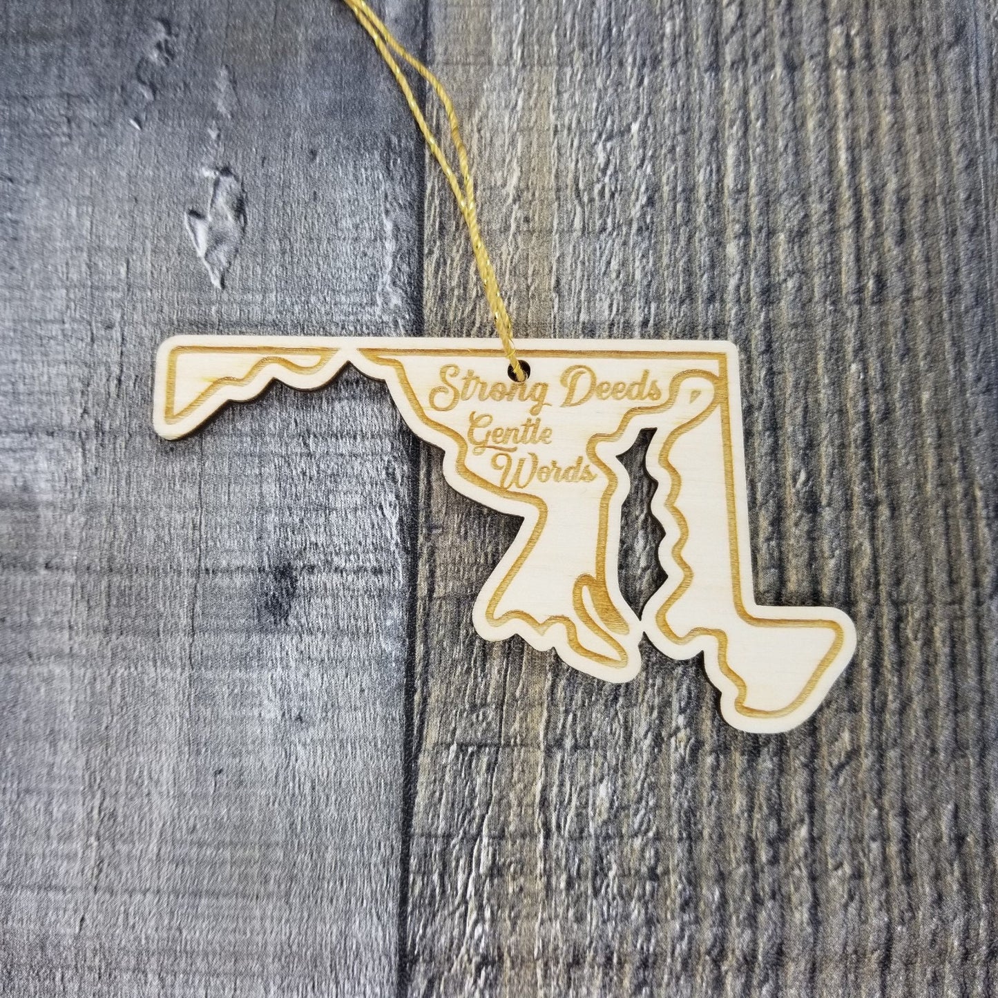 Maryland Wood Ornament - MD State Shape with State Motto - Handmade Wood Ornament Made in USA Christmas Decor