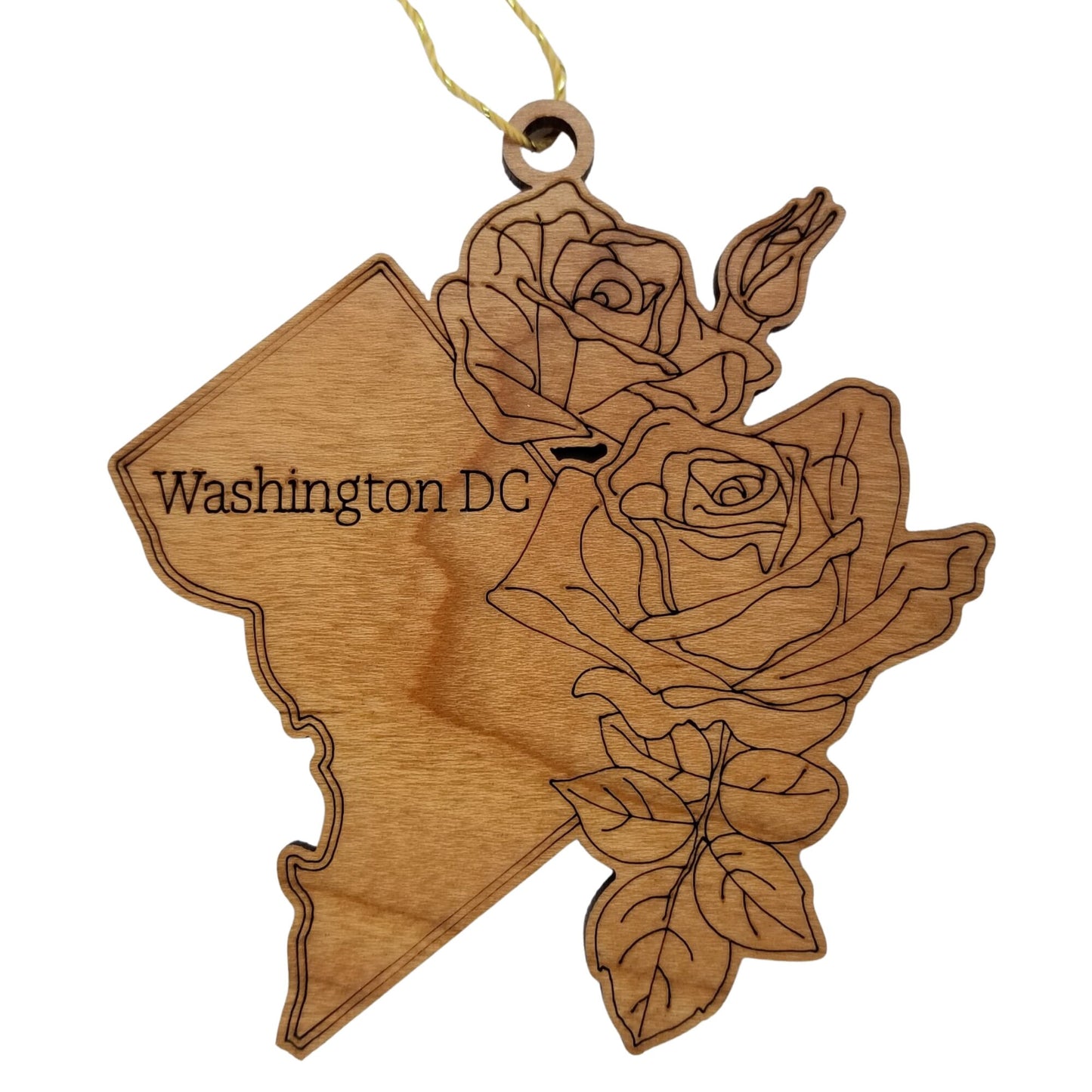 Washington DC Wood Ornament - DC State Shape with State Flowers American Beauty Rose - Handmade Wood Ornament Made in USA Christmas Decor
