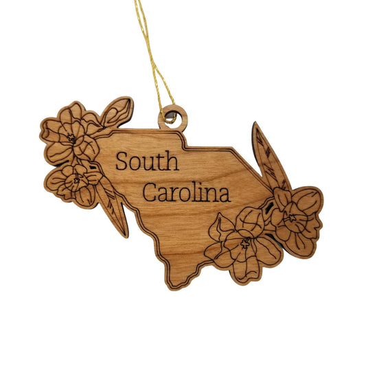South Carolina Wood Ornament - SC State Shape with State Flowers Yellow Jessamine - Handmade Wood Ornament Made in USA Christmas Decor