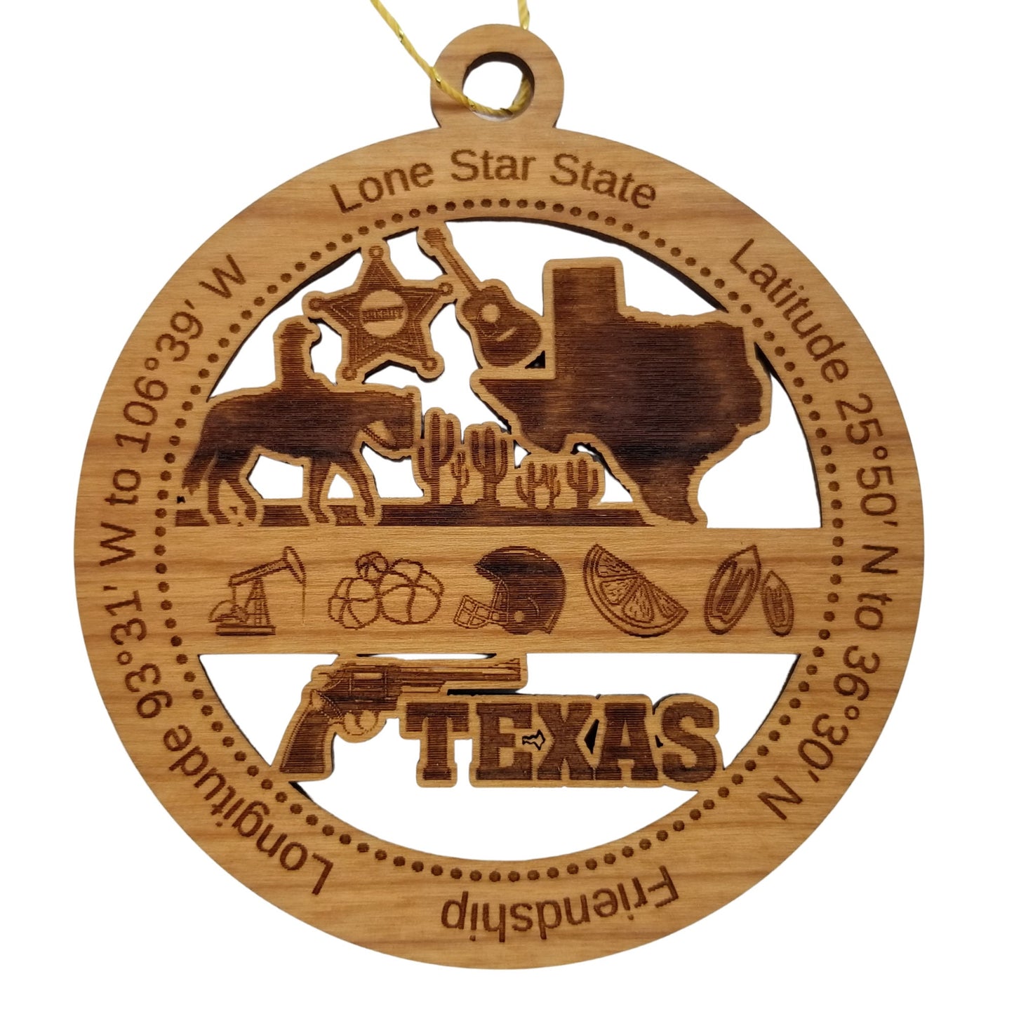Texas Wood Ornament - TX Souvenir - Handmade Wood Ornament Made in USA State Shape Cowboy Horse Guitar Cactus Football Helmet Oil Drill