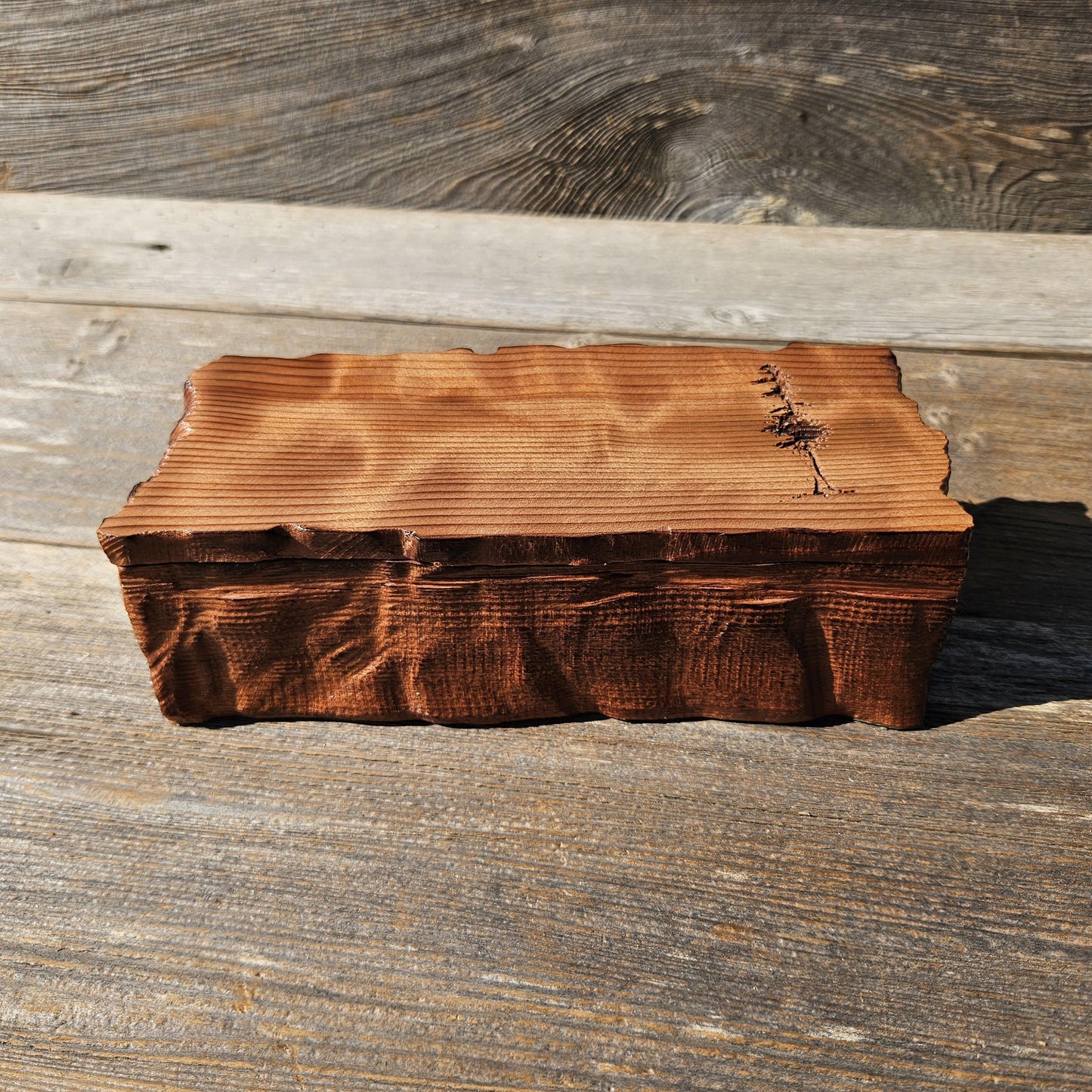 Handmade Wood Box with Redwood Tree Engraved Rustic Handmade Curly Wood #606 California Redwood Jewelry Box Storage Box