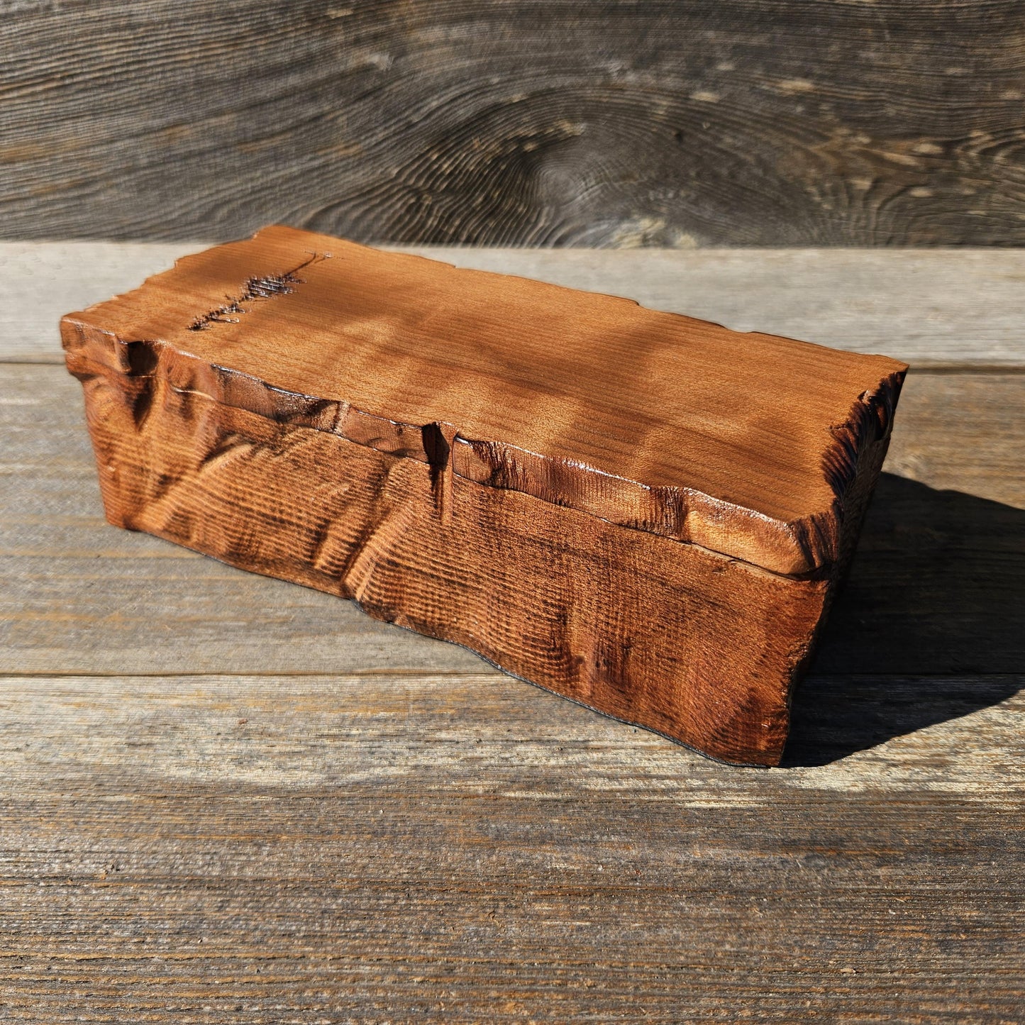 Handmade Wood Box with Redwood Tree Engraved Rustic Handmade Curly Wood #606 California Redwood Jewelry Box Storage Box