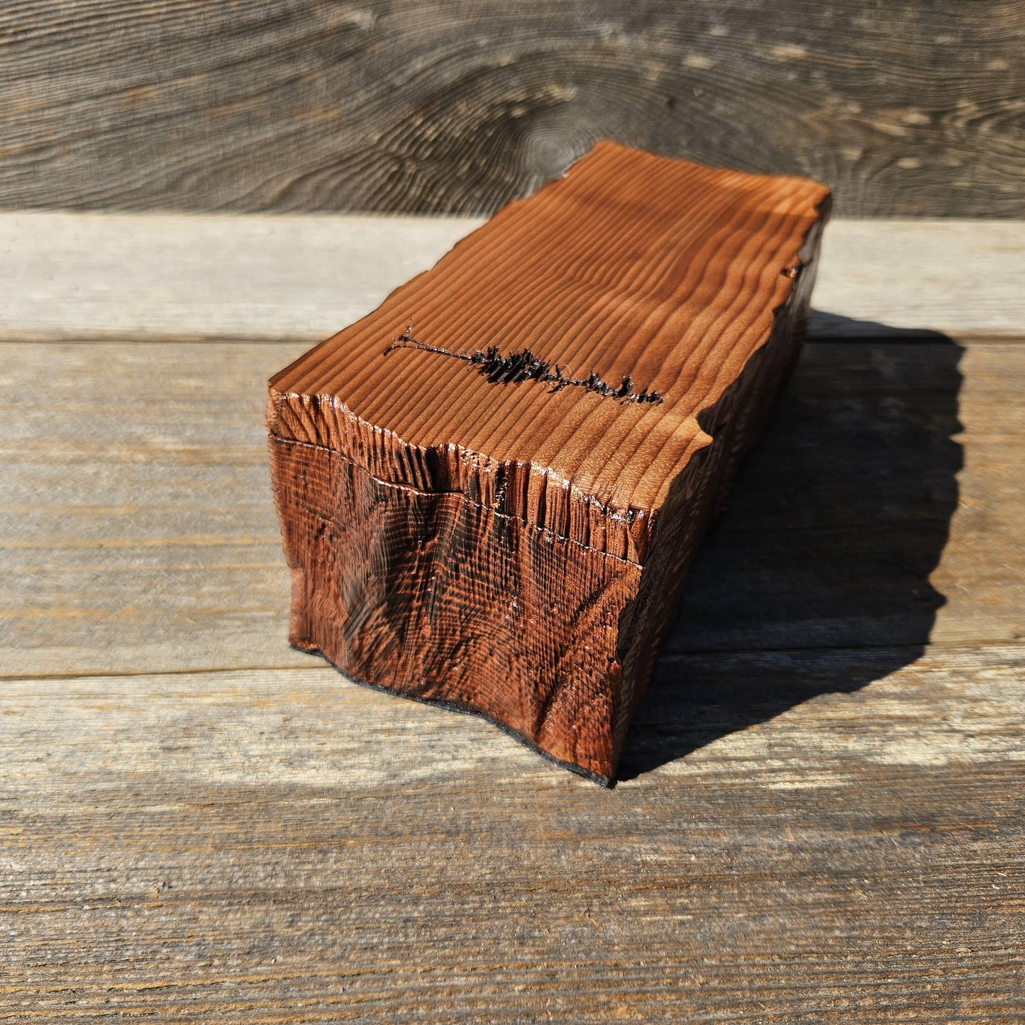Handmade Wood Box with Redwood Tree Engraved Rustic Handmade Curly Wood #606 California Redwood Jewelry Box Storage Box