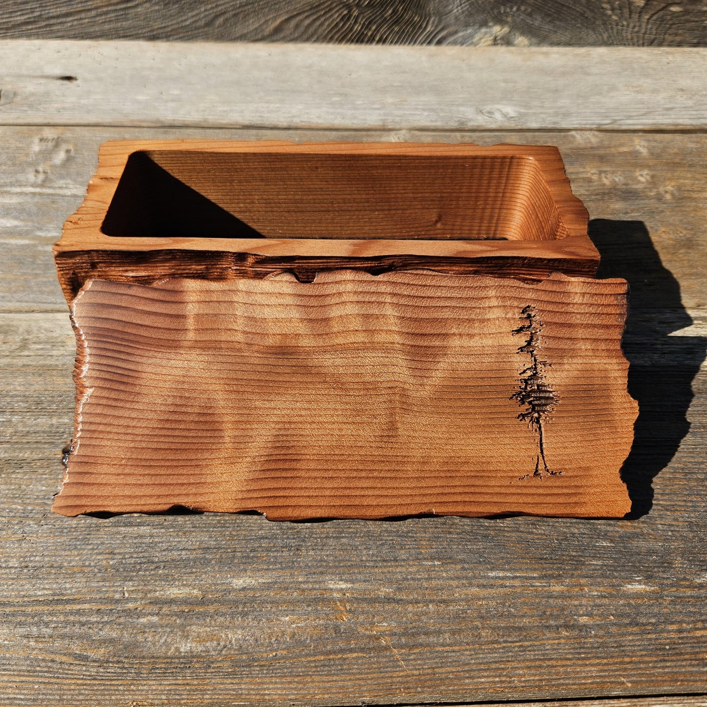 Handmade Wood Box with Redwood Tree Engraved Rustic Handmade Curly Wood #606 California Redwood Jewelry Box Storage Box