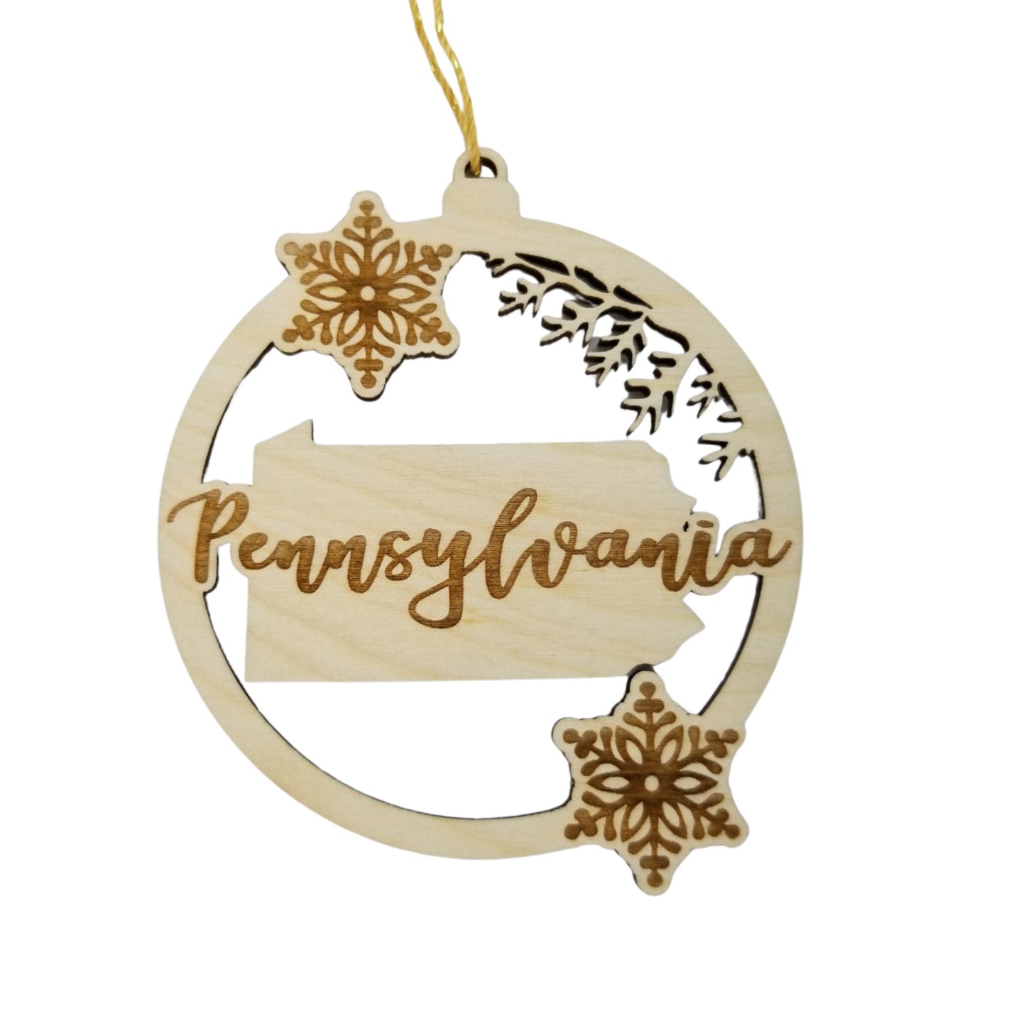 Pennsylvania Wood Ornament - PA State Shape with Snowflakes Cutout - Handmade Wood Ornament Made in USA Christmas Decor