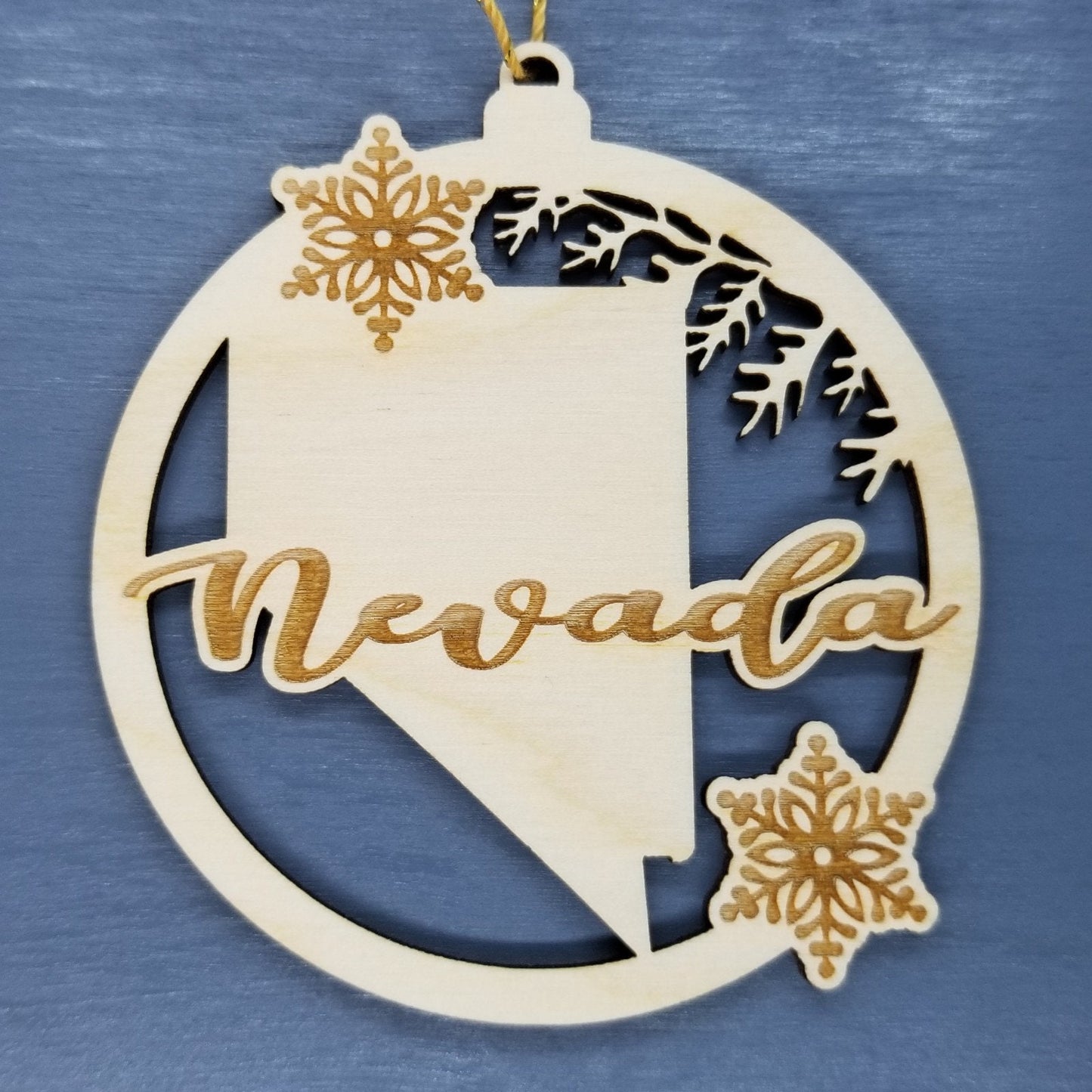 Nevada Wood Ornament - NV State Shape with Snowflakes Cutout - Handmade Wood Ornament Made in USA Christmas Decor