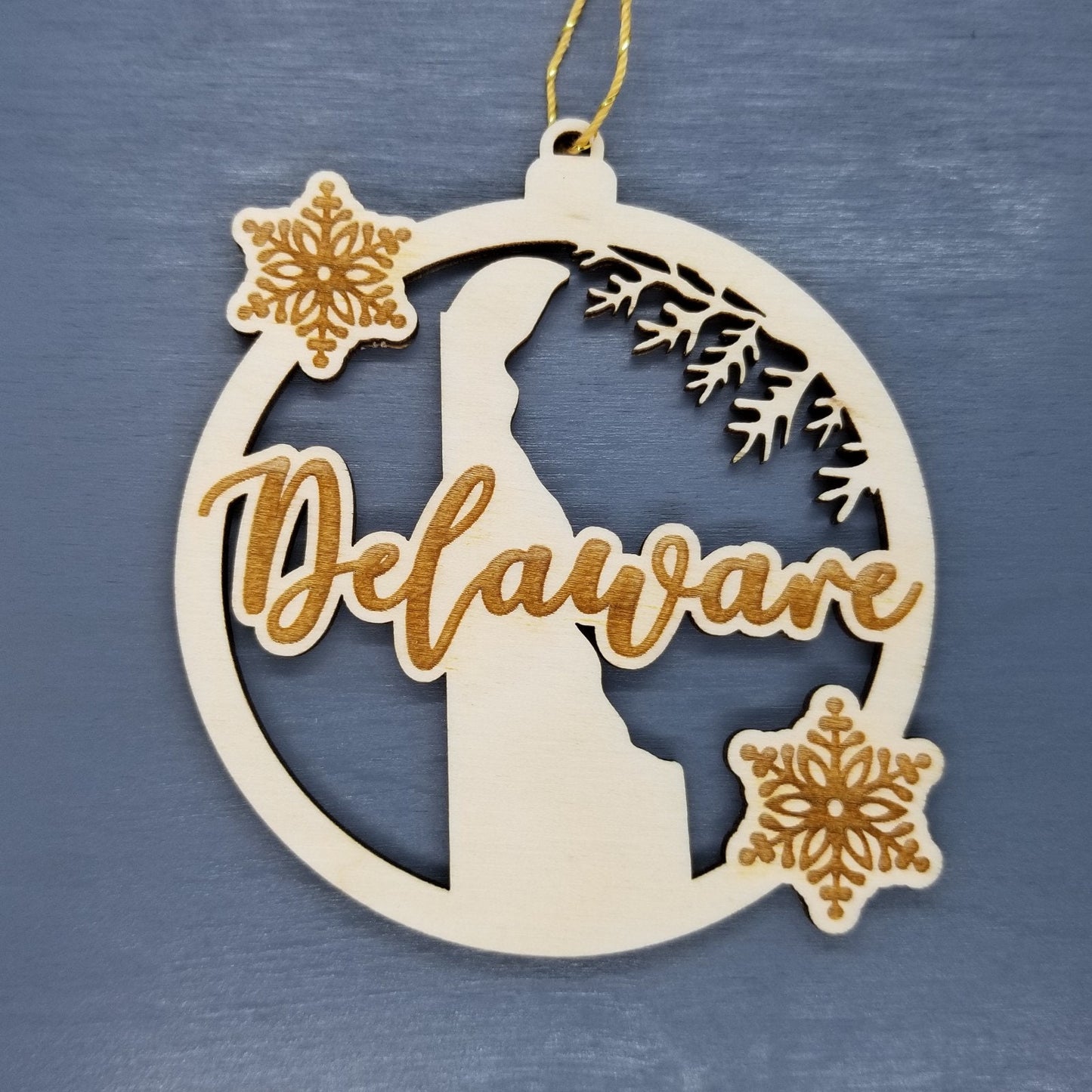 Delaware Wood Ornament - DE State Shape with Snowflakes Cutout - Handmade Wood Ornament Made in USA Christmas Decor