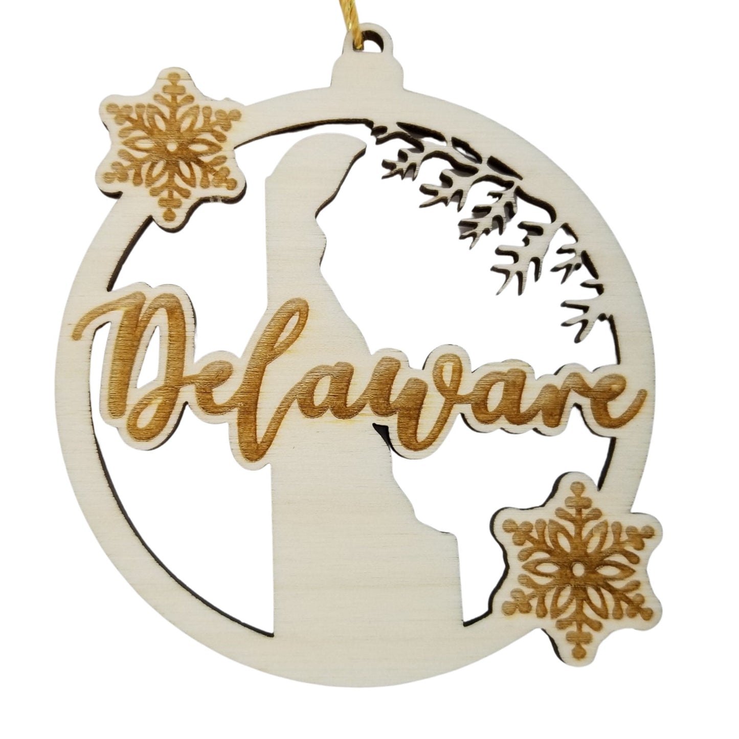 Delaware Wood Ornament - DE State Shape with Snowflakes Cutout - Handmade Wood Ornament Made in USA Christmas Decor