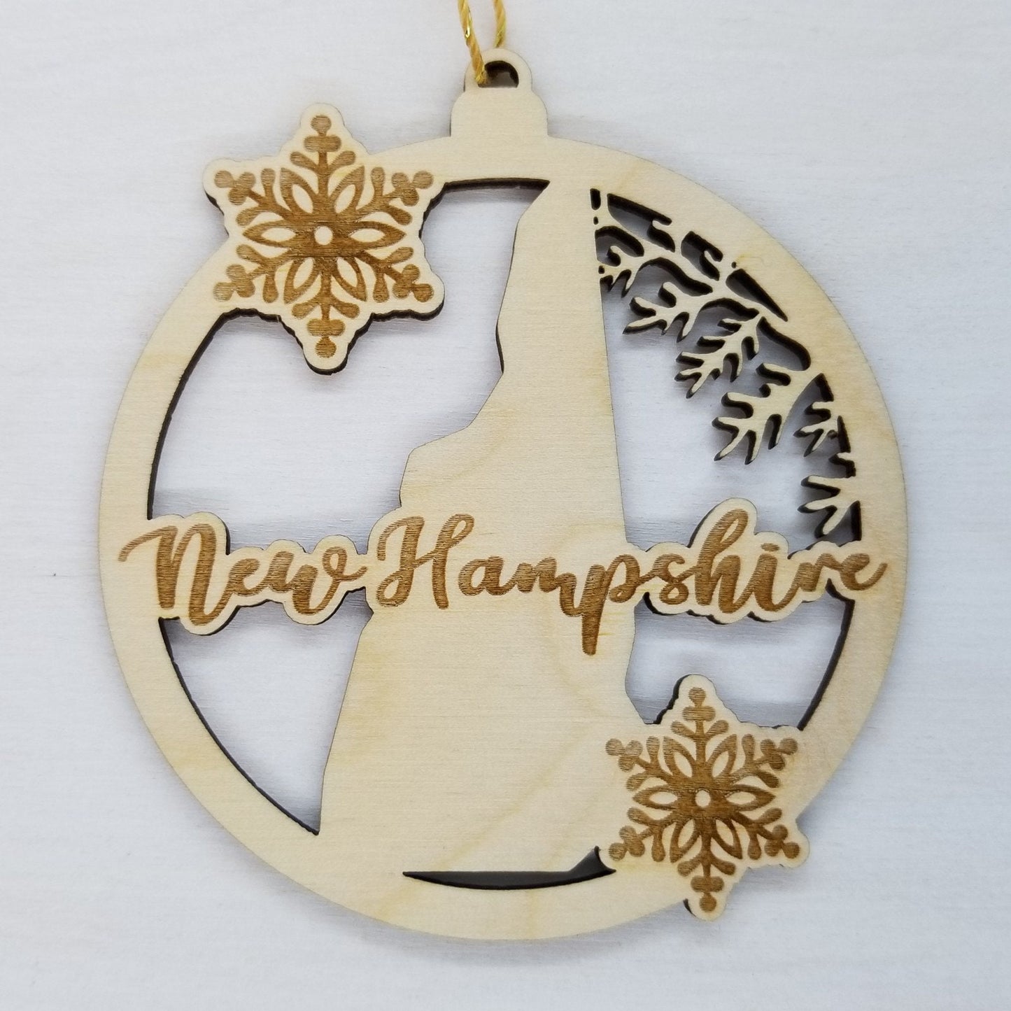 New Hampshire Wood Ornament - NH State Shape with Snowflakes Cutout - Handmade Wood Ornament Made in USA Christmas Decor